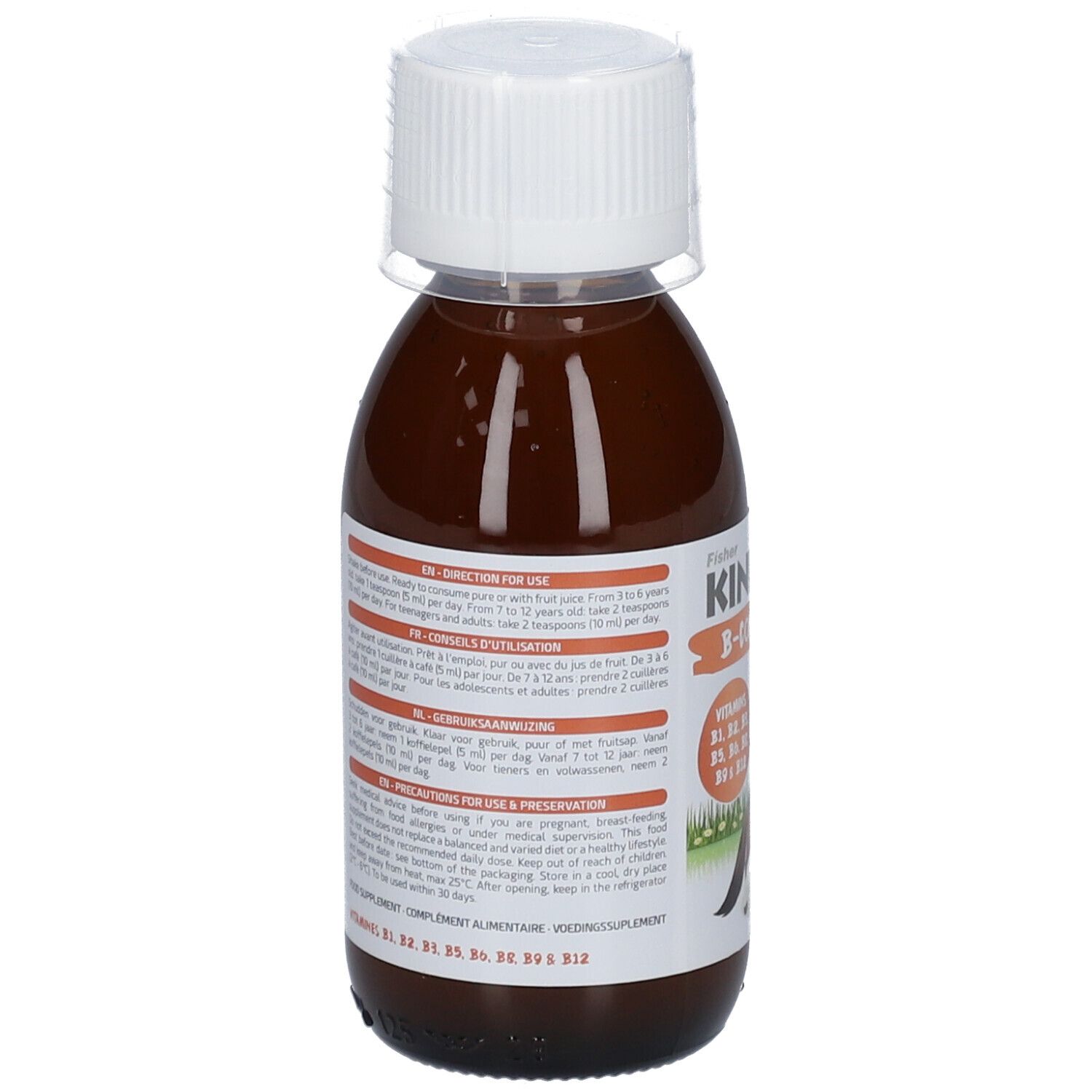 Fles met bruine vloeistof en witte dop. Etiket met tekst in meerdere talen.