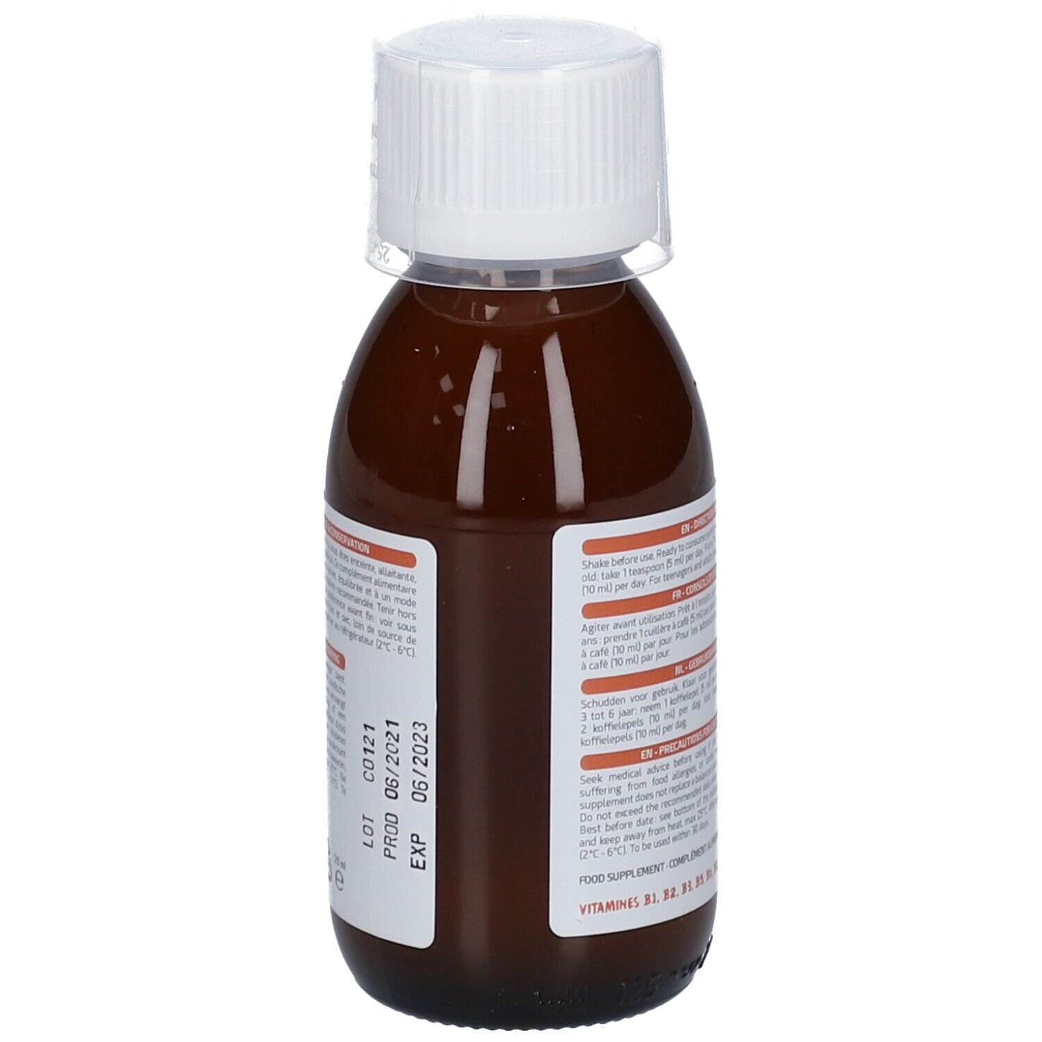 Fles met bruine vloeistof en witte dop. Etiket met tekst en vervaldatum.