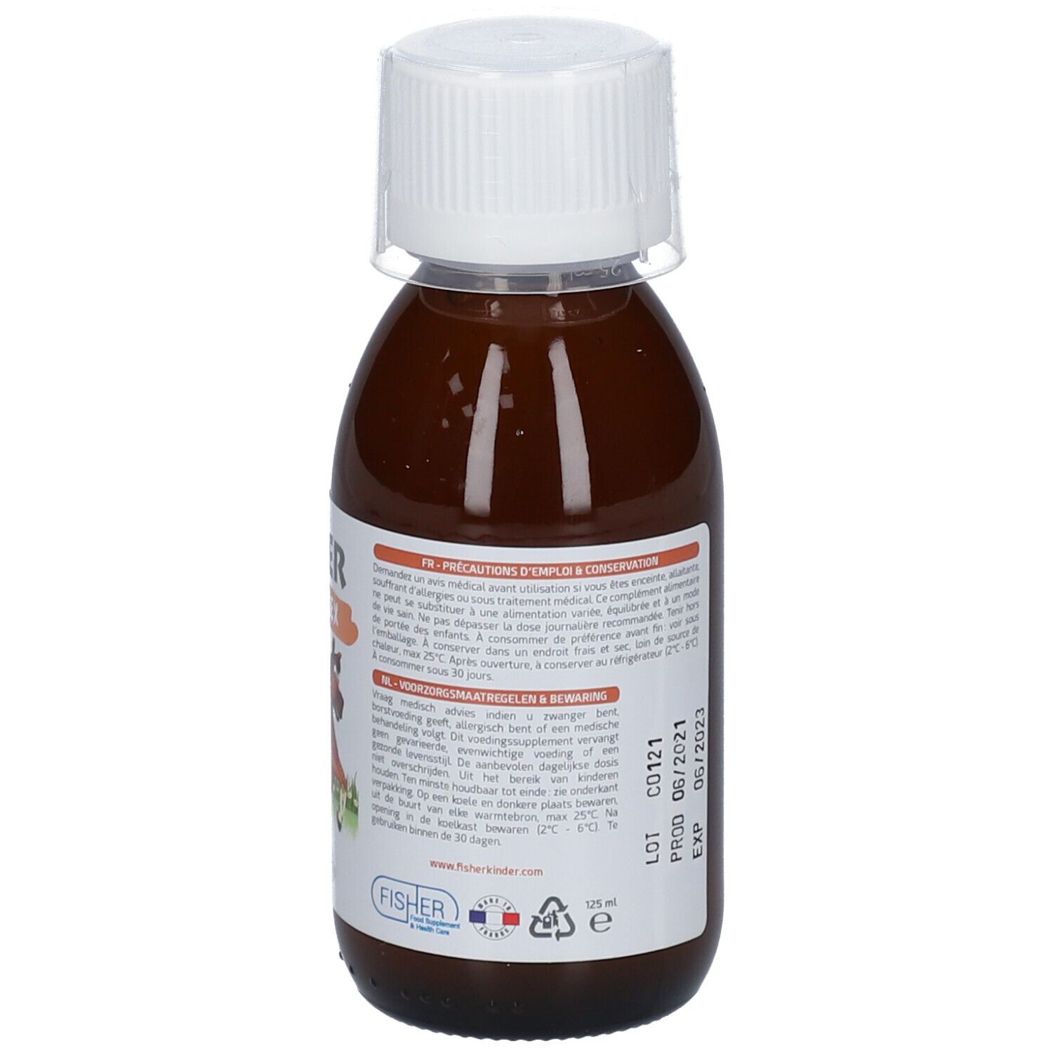 Fles met bruine vloeistof en witte dop. Etiket met tekst en logo.