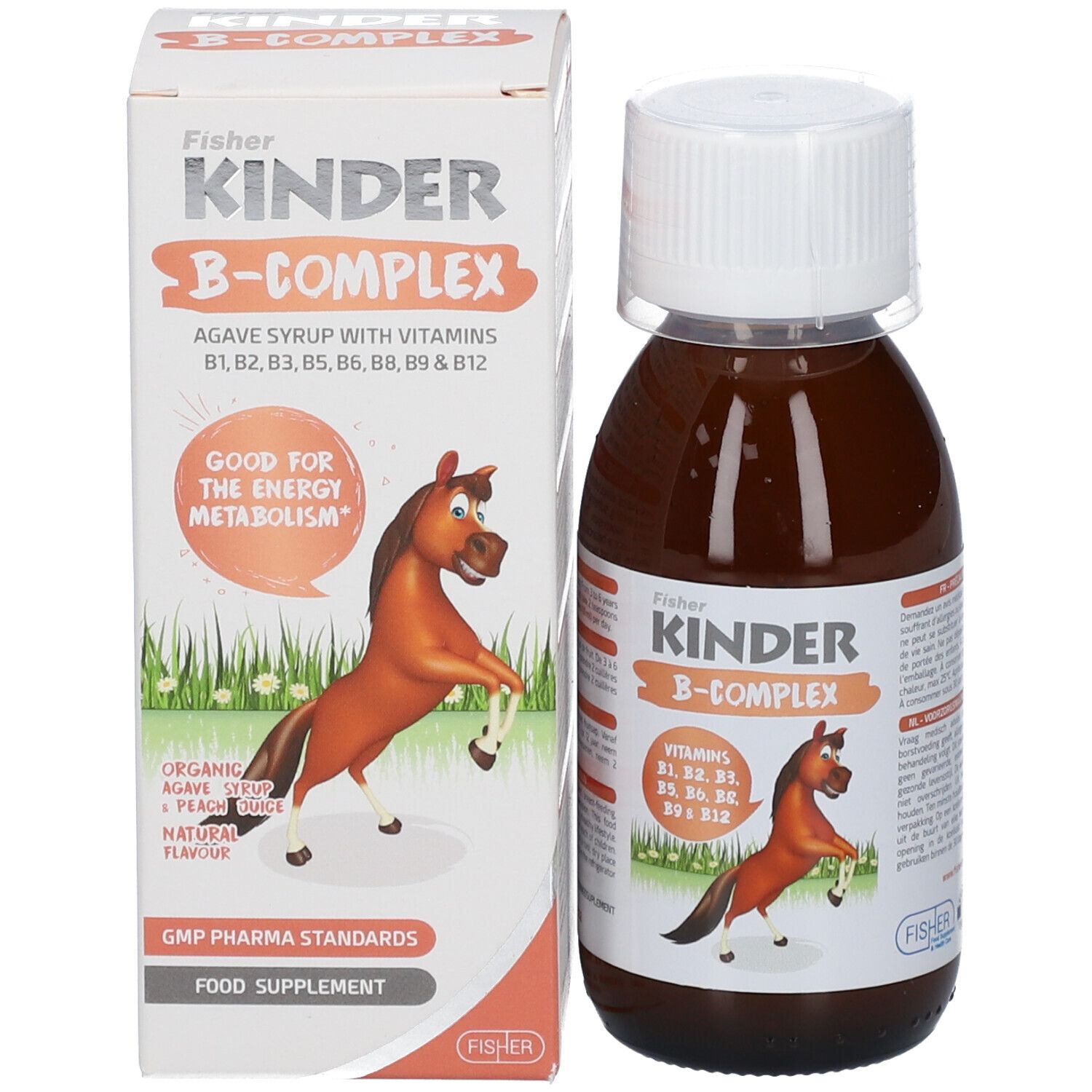 Productfles en verpakking. Verpakking met productnaam, ingrediënten en een paard.