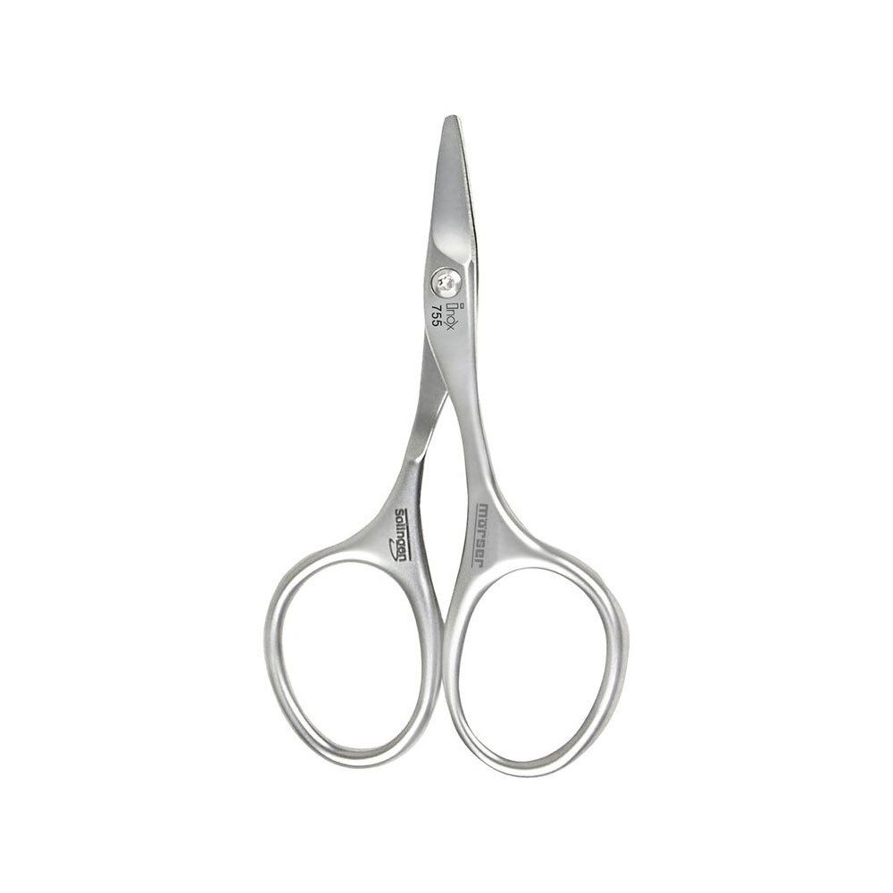 Zilverkleurige nagelschaar voor baby's. Afgeronde punten, ringen voor de vingers. Op het blad: Inox 755. Op de handvatten: merknaam.