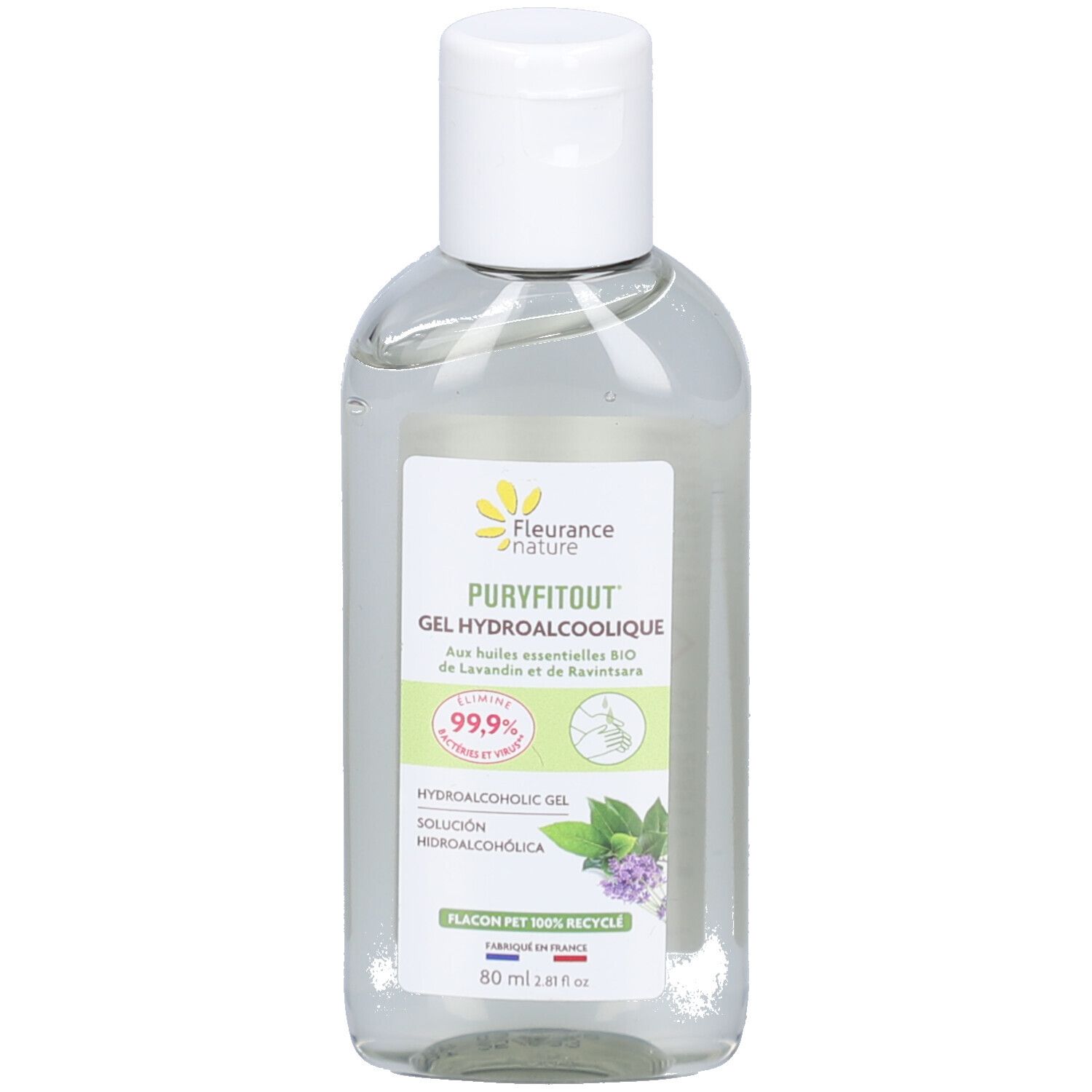 Transparante fles met witte dop. Opschrift: Puryfitout Gel Hydroalcoolique. Etiket met logo en inhoud.