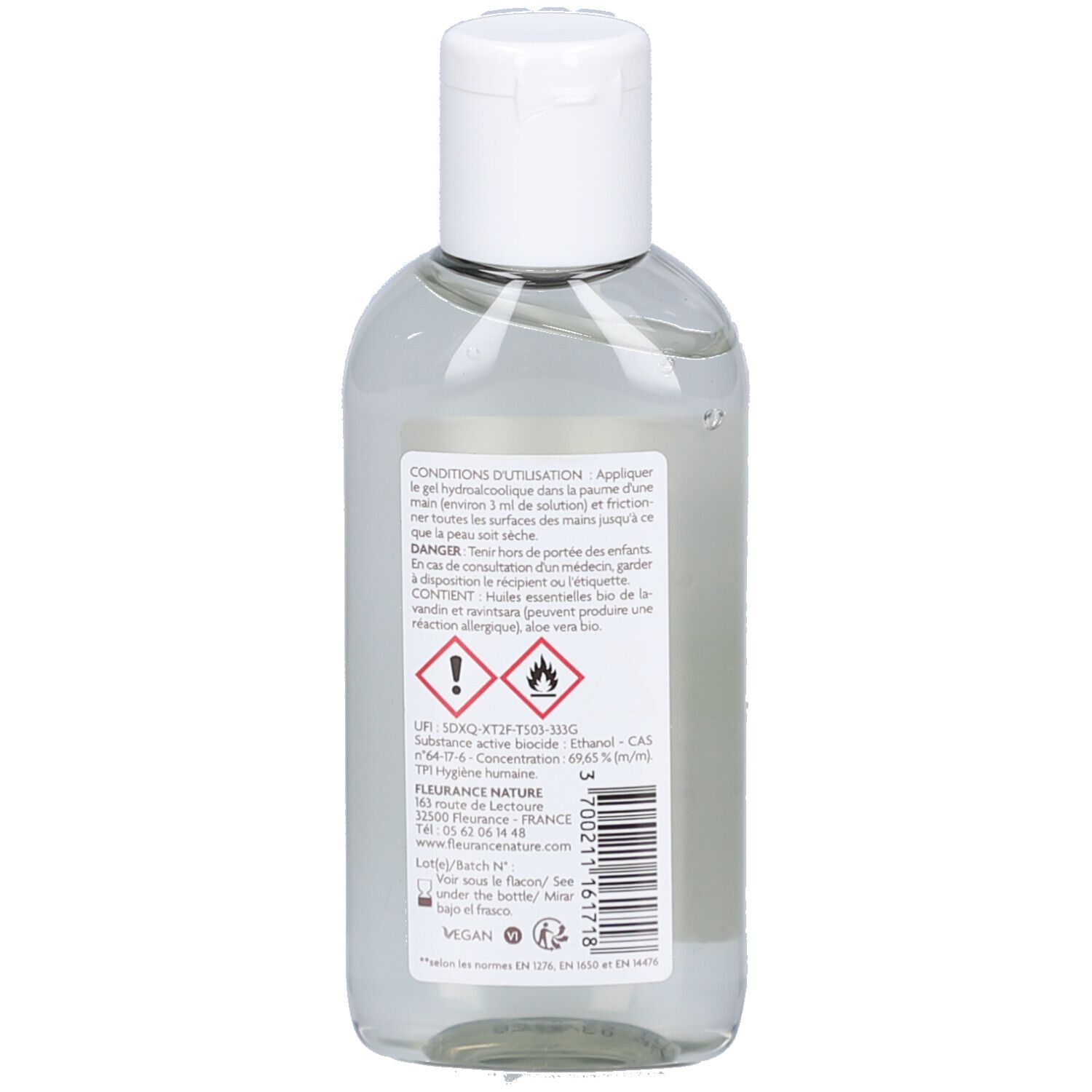 Achterkant van de fles. Tekst: ingrediënten, gebruiksaanwijzing, waarschuwingen. Barcode en logo.