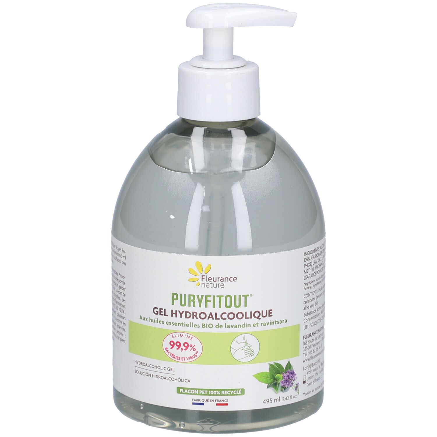 Transparante fles met witte pomp. Opschrift: Puryfitout Gel Hydroalcoolique. 99,9% effectief. Bevat essentiële oliën.