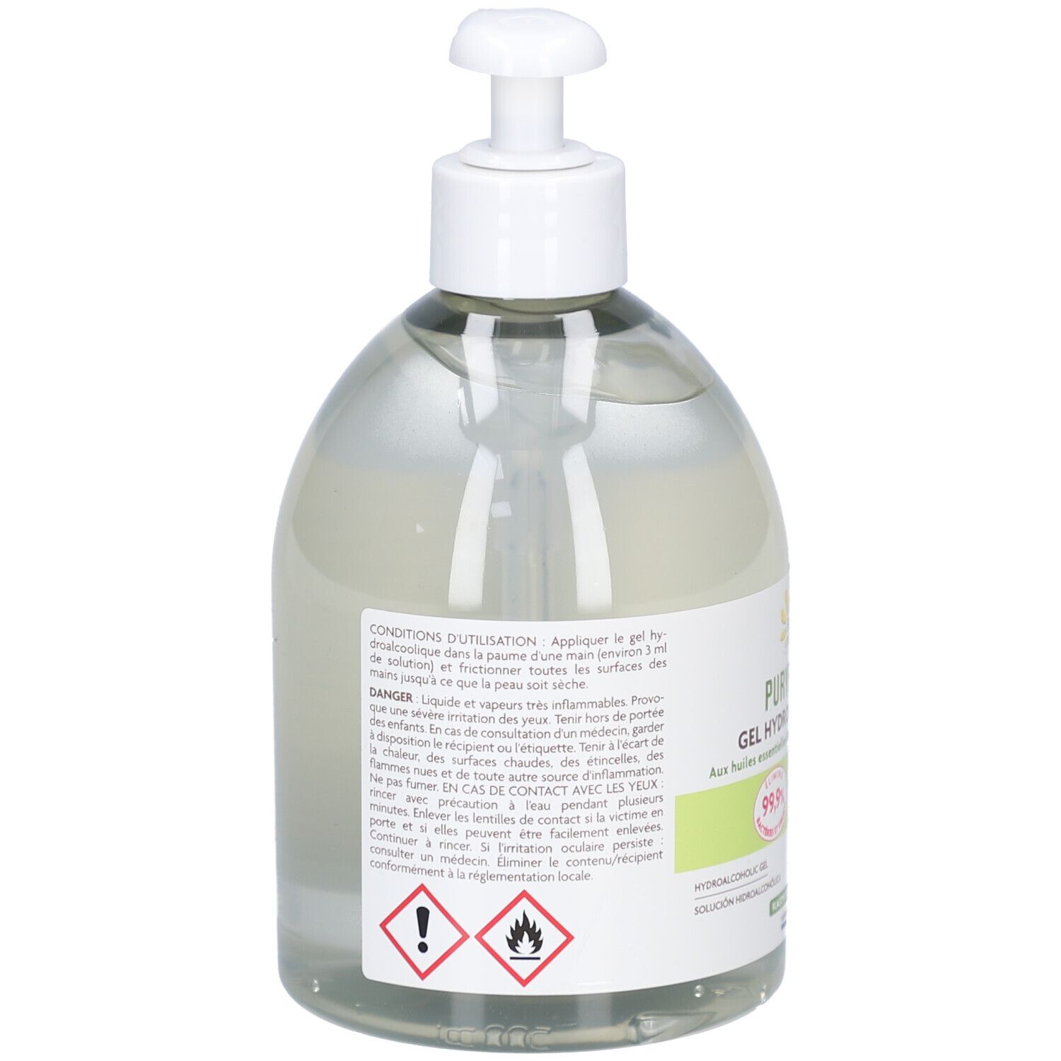 Achterkant van transparante fles met witte pomp. Tekst met veiligheidsinstructies en gevaarsymbolen. Productnaam niet zichtbaar.