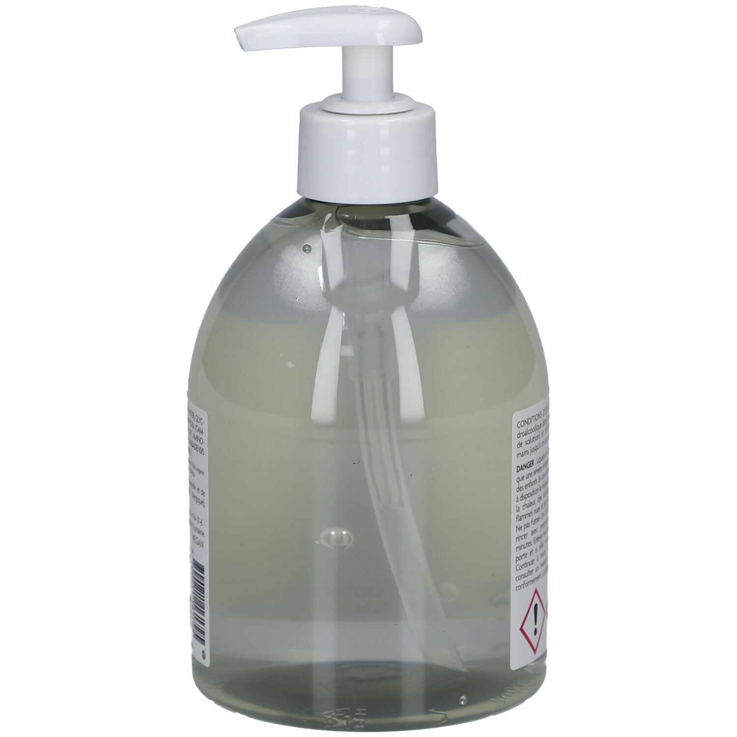 Transparante fles met witte pomp, achteraanzicht. Tekst met veiligheidsinstructies en gevaarsymbolen. Productnaam niet zichtbaar.