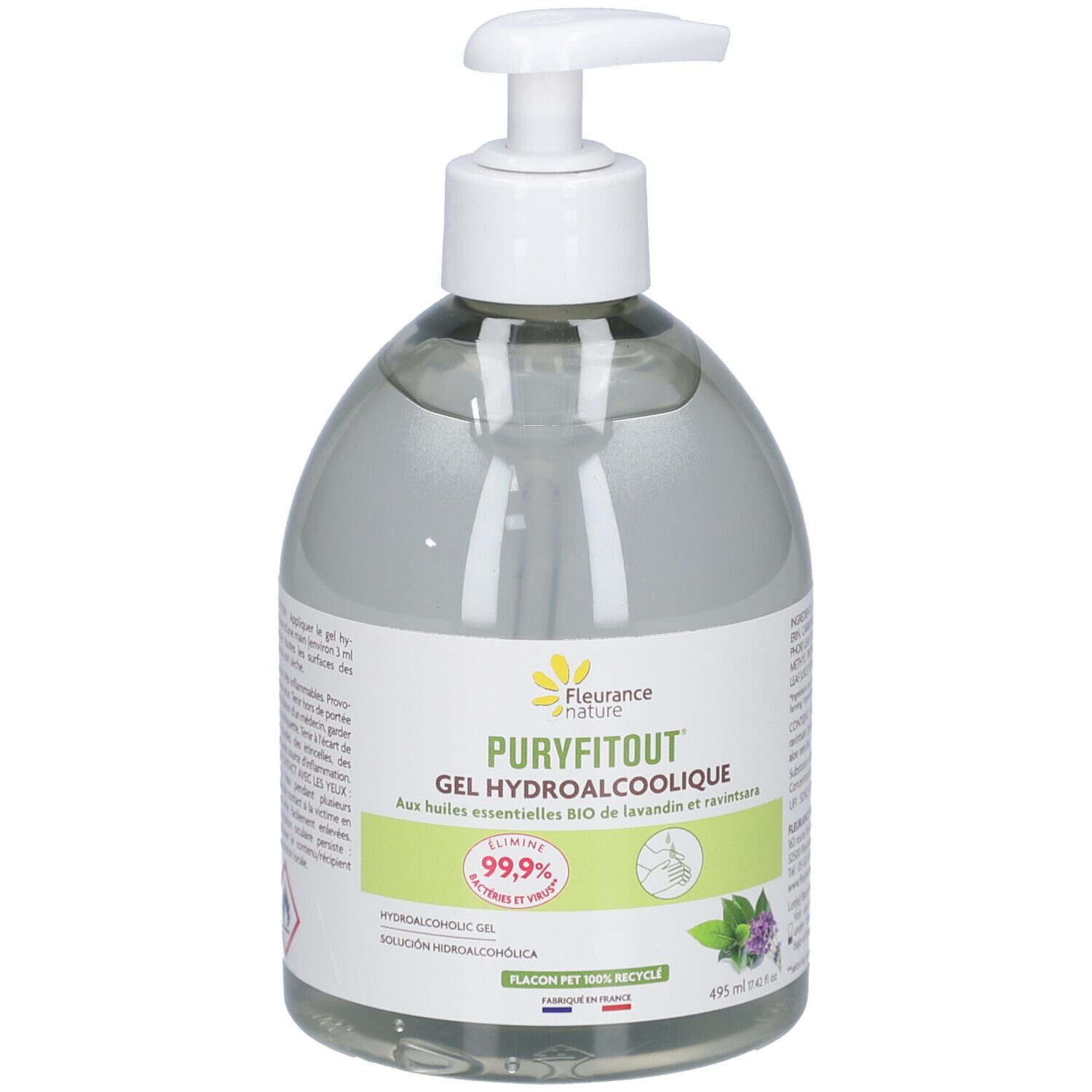 Transparante fles met witte pomp. Opschrift: Puryfitout Gel Hydroalcoolique. 99,9% effectief. Bevat essentiële oliën.