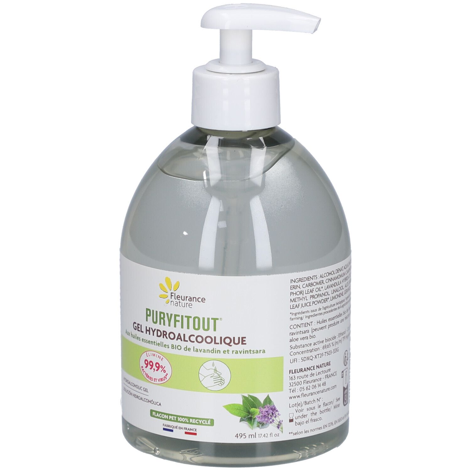 Transparante fles met witte pomp. Opschrift: Puryfitout Gel Hydroalcoolique. 99,9% effectief. Bevat essentiële oliën.