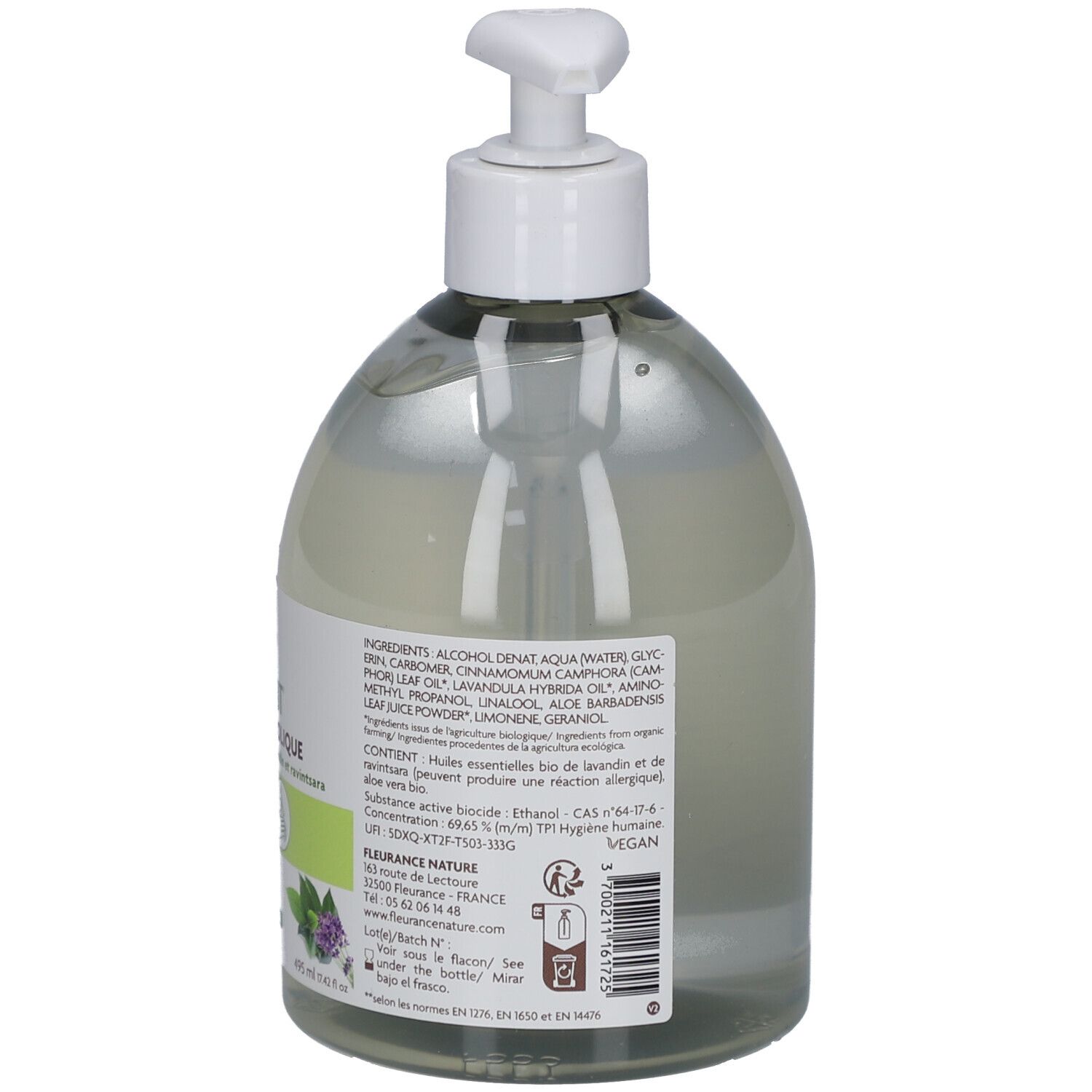 Transparante fles met witte pomp. Achterkant met ingrediënten en fabrikantinfo. Vegan logo.