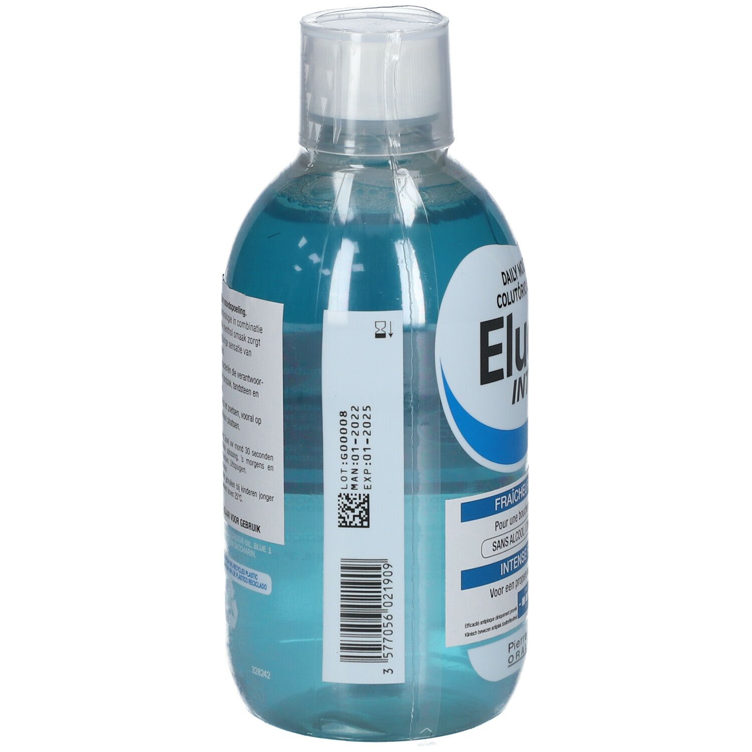 Vue arrière d'un flacon transparent avec liquide bleu et bouchon blanc. Code-barres et texte sur l'étiquette.