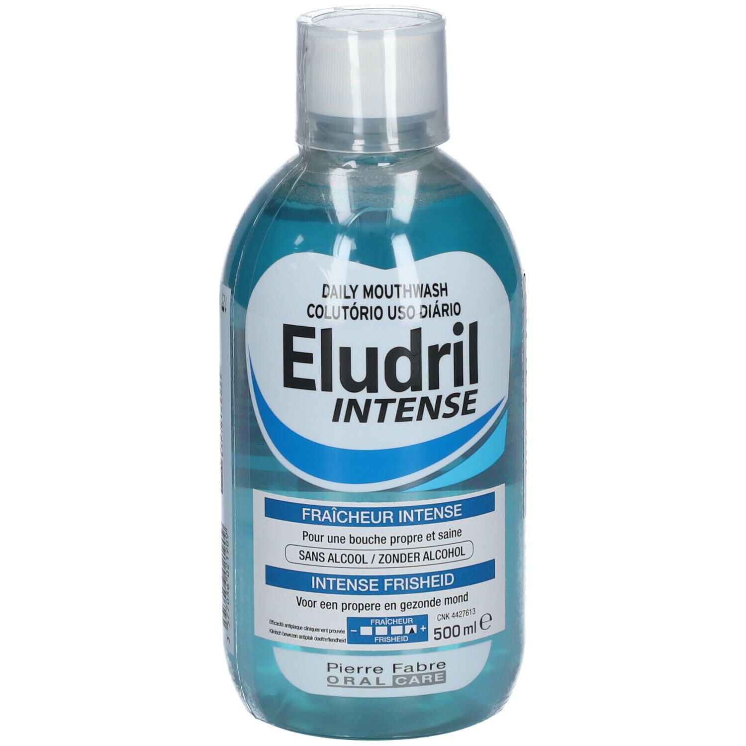 Bain de bouche Eludril Intense en flacon transparent. Inscription sur l'étiquette.