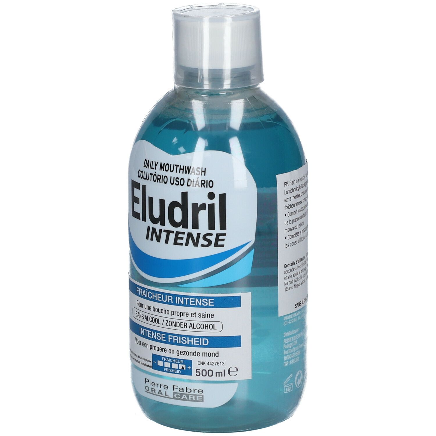 Bain de bouche Eludril Intense en flacon transparent. Inscription sur l'étiquette.