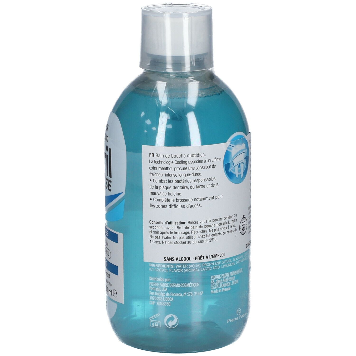 Vue arrière d'un flacon transparent avec liquide bleu et bouchon blanc. Texte sur l'étiquette.