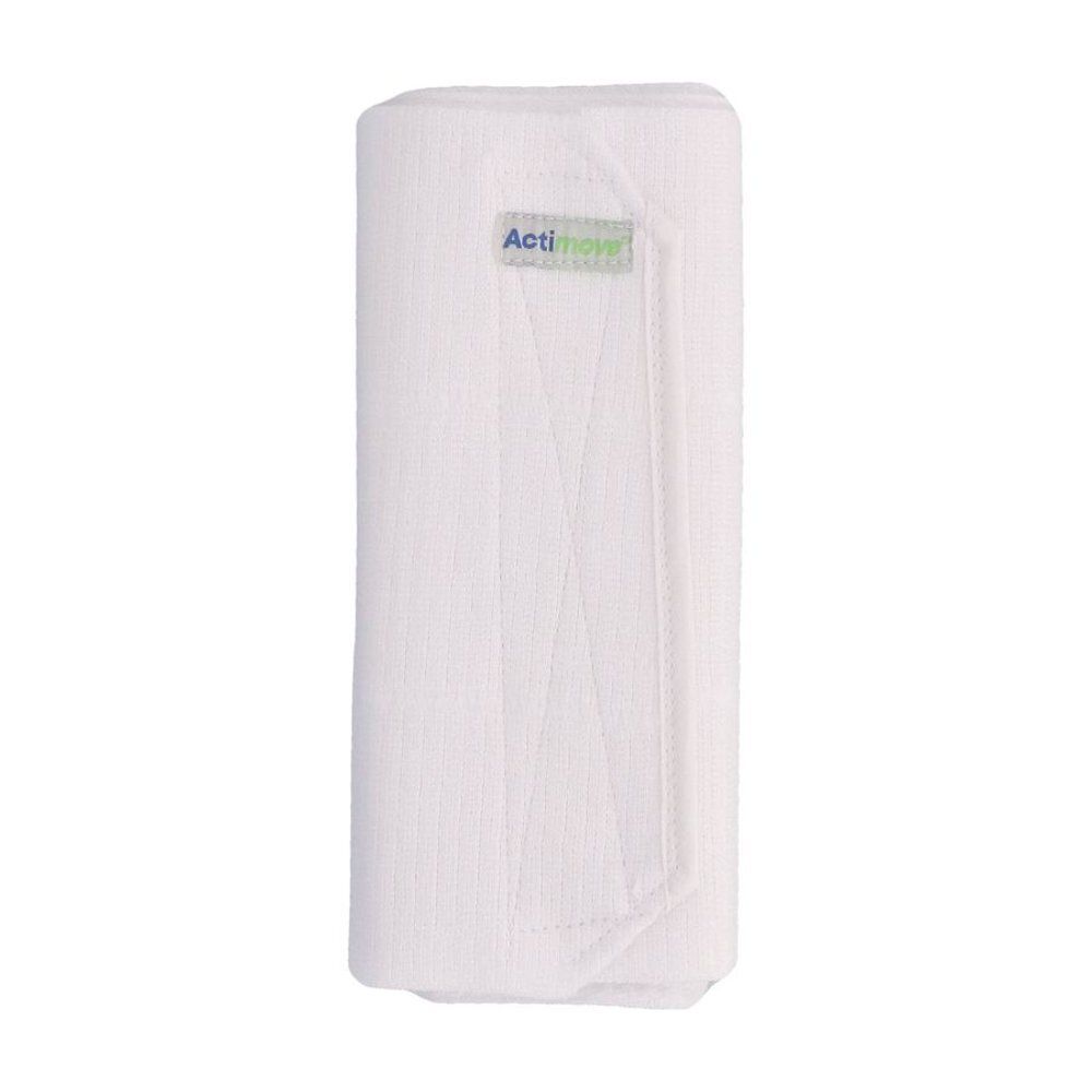 Actimove, bandage abdominal blanc roulé. Étiquette verte avec logo.