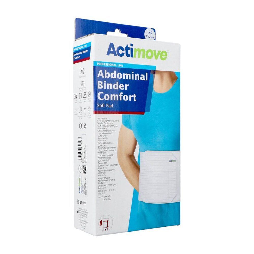 Zijaanzicht van de Actimove® Abdominal Binder Comfort verpakking. Productnaam, logo, wassymbolen en fabrikant informatie.