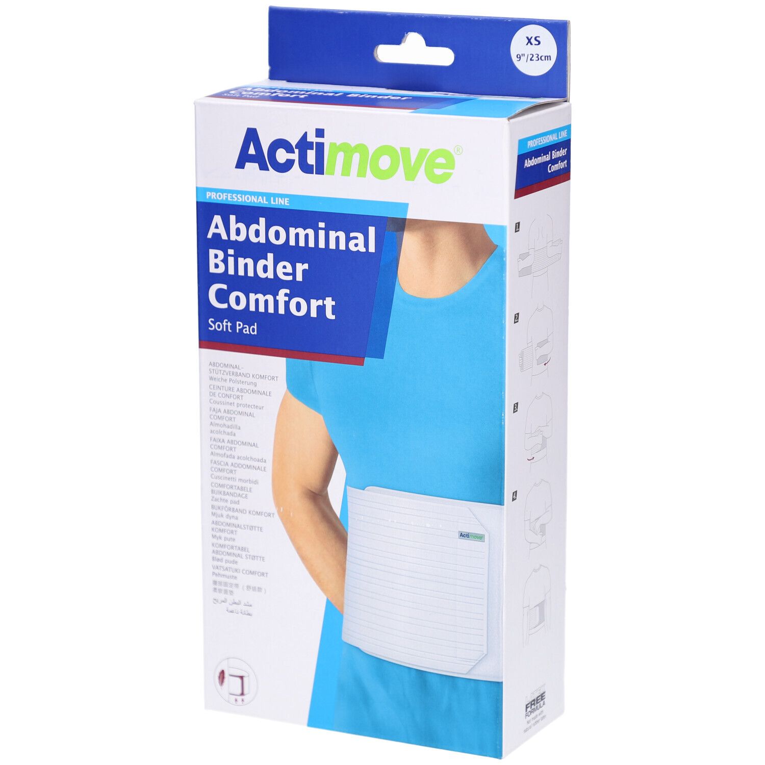 Emballage Actimove® Abdominal Binder Comfort. Inscription XS, 9"/23cm. Nom du produit, logo et illustration du produit sur un corps.