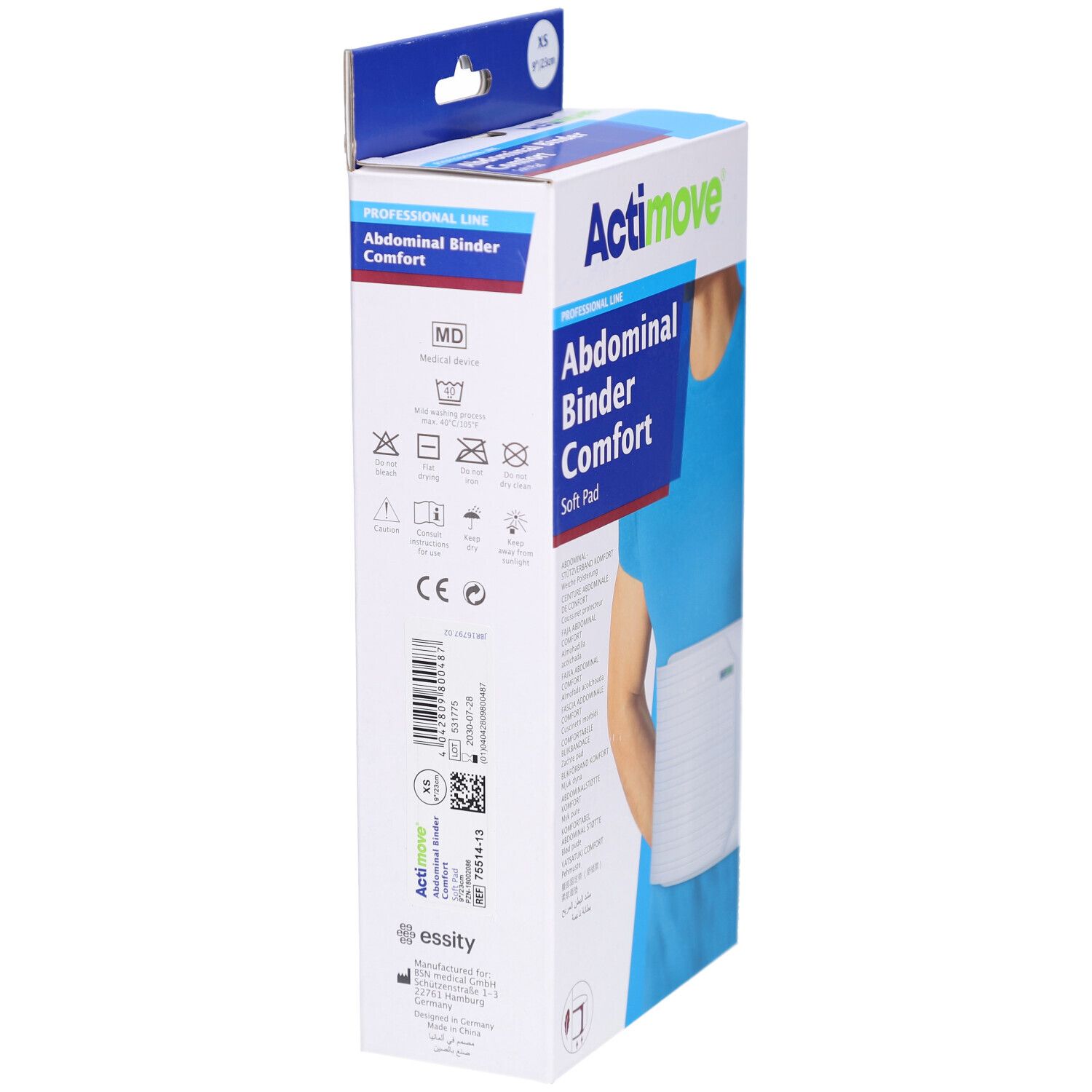 Vue latérale de l'emballage Actimove® Abdominal Binder Comfort. Nom du produit, logo, symboles de lavage et informations fabricant.