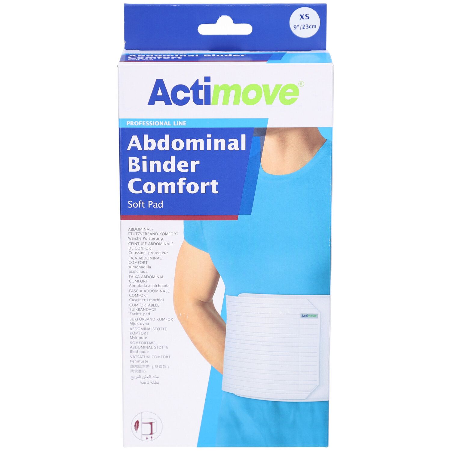 Vue de face de l'emballage Actimove® Abdominal Binder Comfort. Nom du produit, logo et illustration du produit sur un corps.