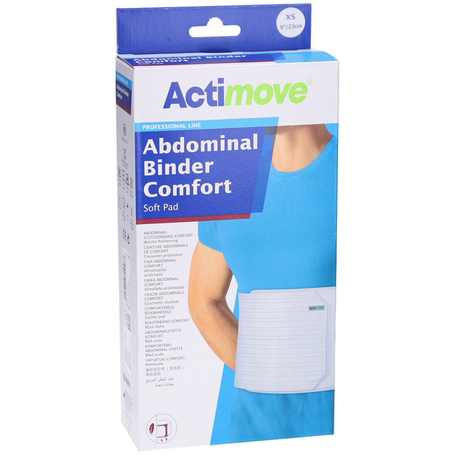 Vue de face de l'emballage Actimove® Abdominal Binder Comfort. Nom du produit, logo et illustration du produit sur un corps.