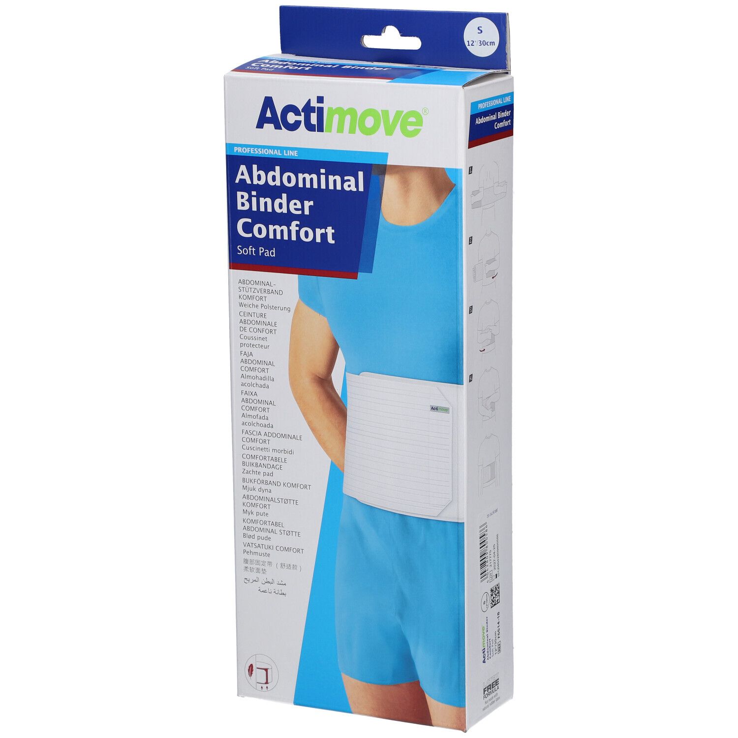 Emballage Actimove Abdominal Binder Comfort. Inscription: Abdominal Binder Comfort, Soft Pad. Présentation: Bande abdominale sur corps. Taille S.