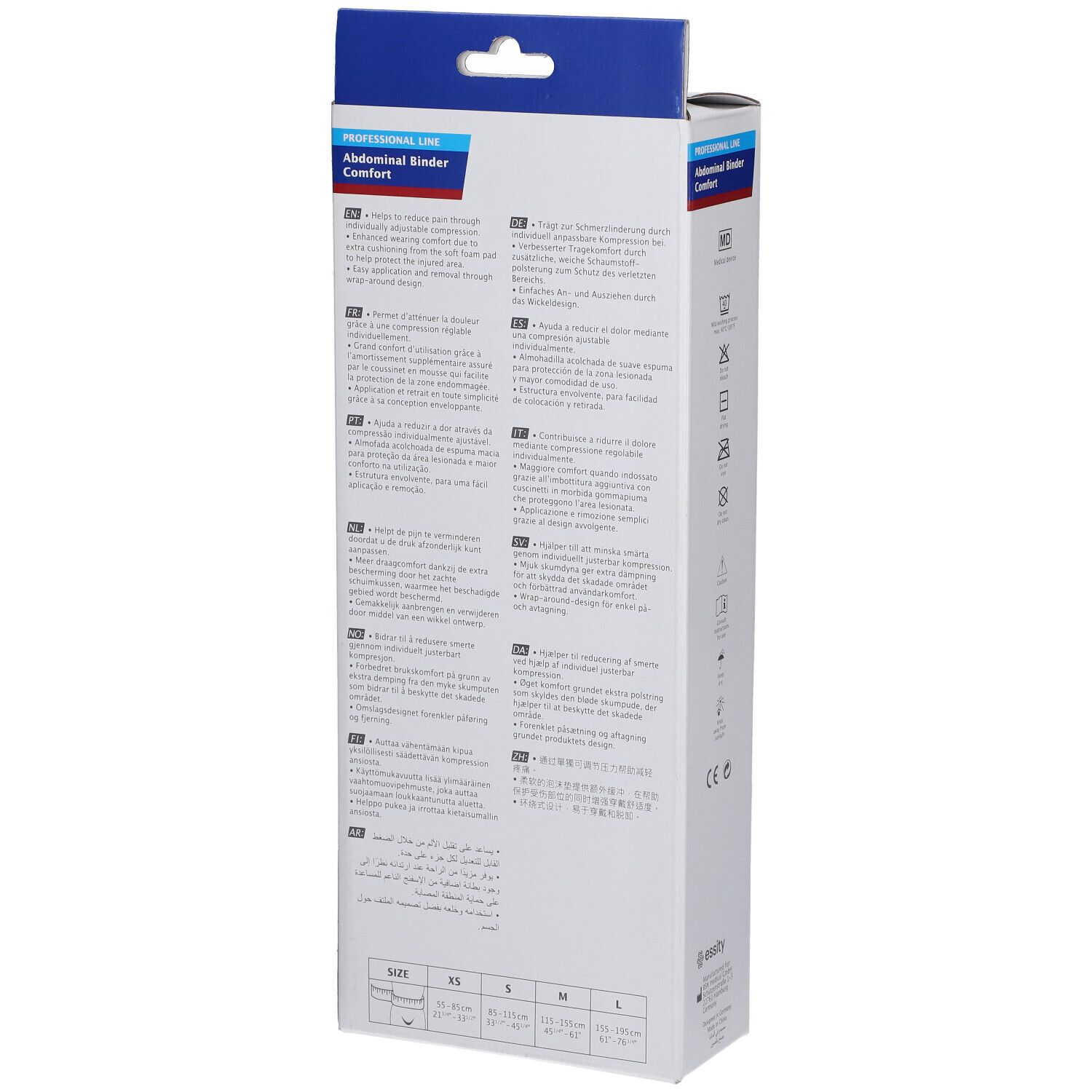 Emballage Actimove Abdominal Binder Comfort. Inscription: Abdominal Binder Comfort. Verso avec informations produit en plusieurs langues.