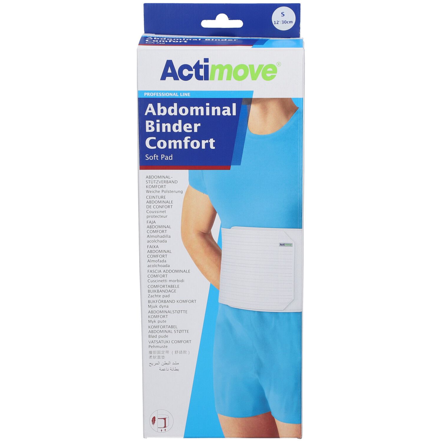 Emballage Actimove Abdominal Binder Comfort. Inscription: Abdominal Binder Comfort, Soft Pad. Présentation: Bande abdominale sur corps. Taille S.