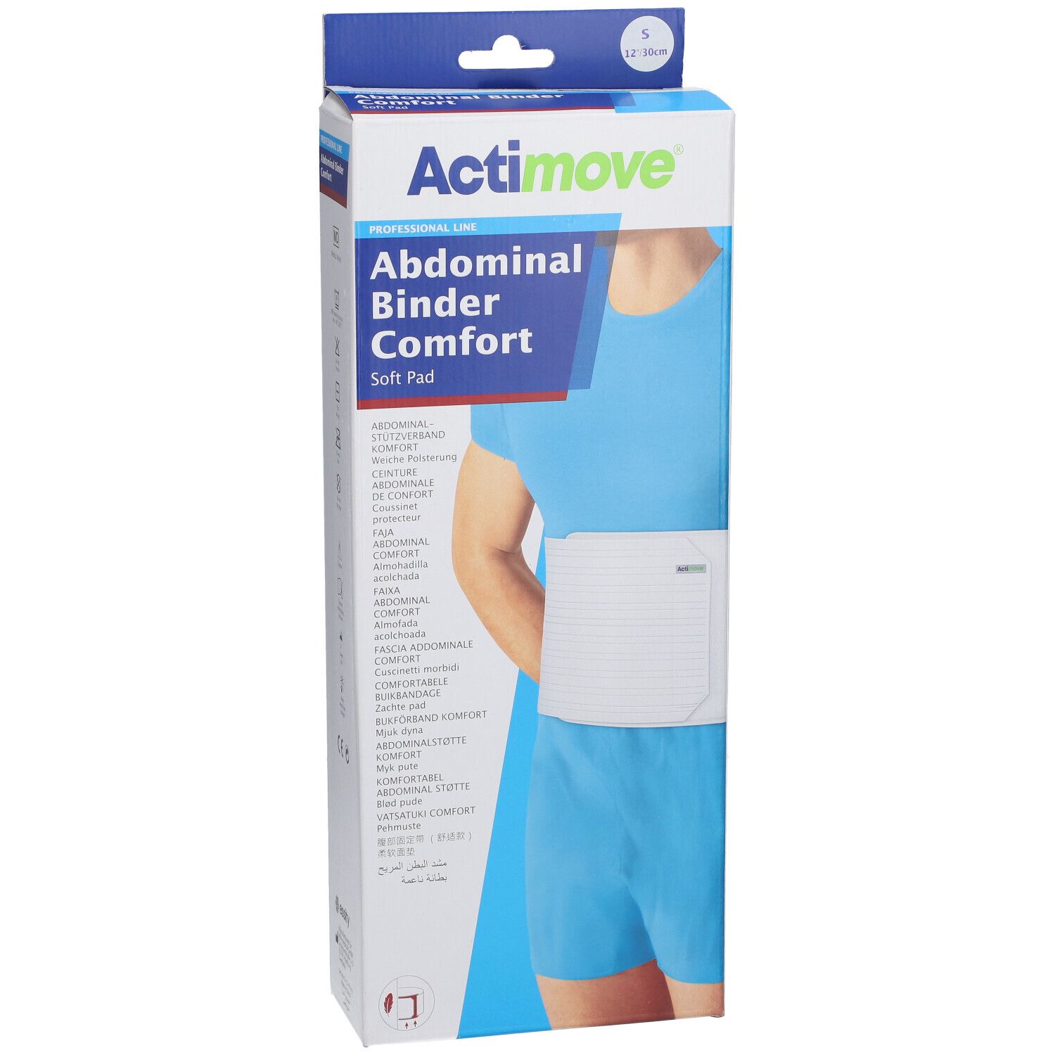Emballage Actimove Abdominal Binder Comfort. Inscription: Abdominal Binder Comfort, Soft Pad. Présentation: Bande abdominale sur corps. Taille S.