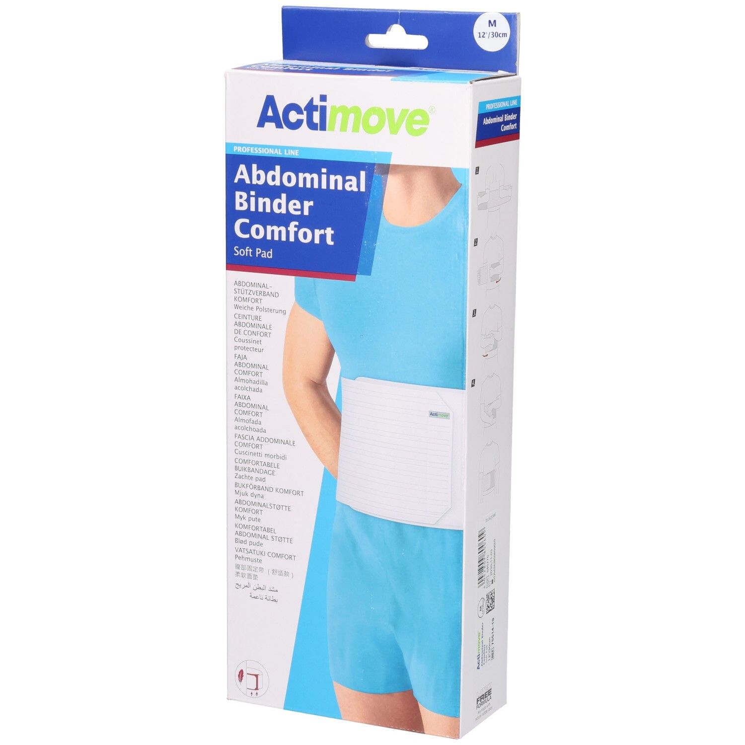 Verpakking Actimove Abdominal Binder Comfort. Product op lichaam. Maat M. Witte buikband. Blauwe en witte verpakking.