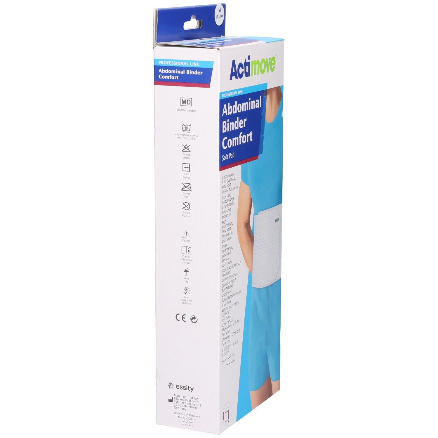 Verpakking Actimove Abdominal Binder Comfort. Zijkant met wassymbolen en CE-markering. Wit en blauw.