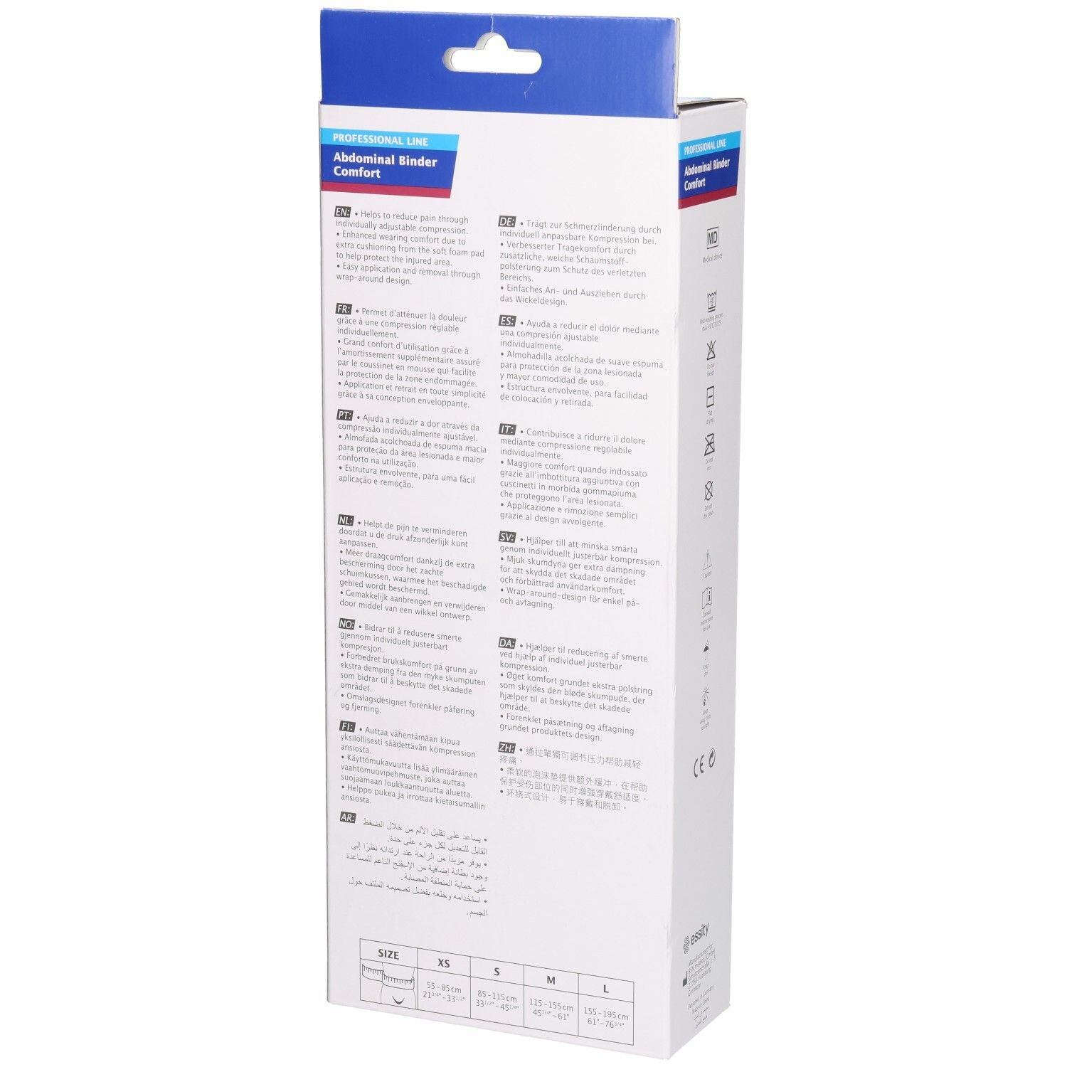 Verpakking Actimove Abdominal Binder Comfort. Achterkant met productinformatie in verschillende talen. Wit en blauw.