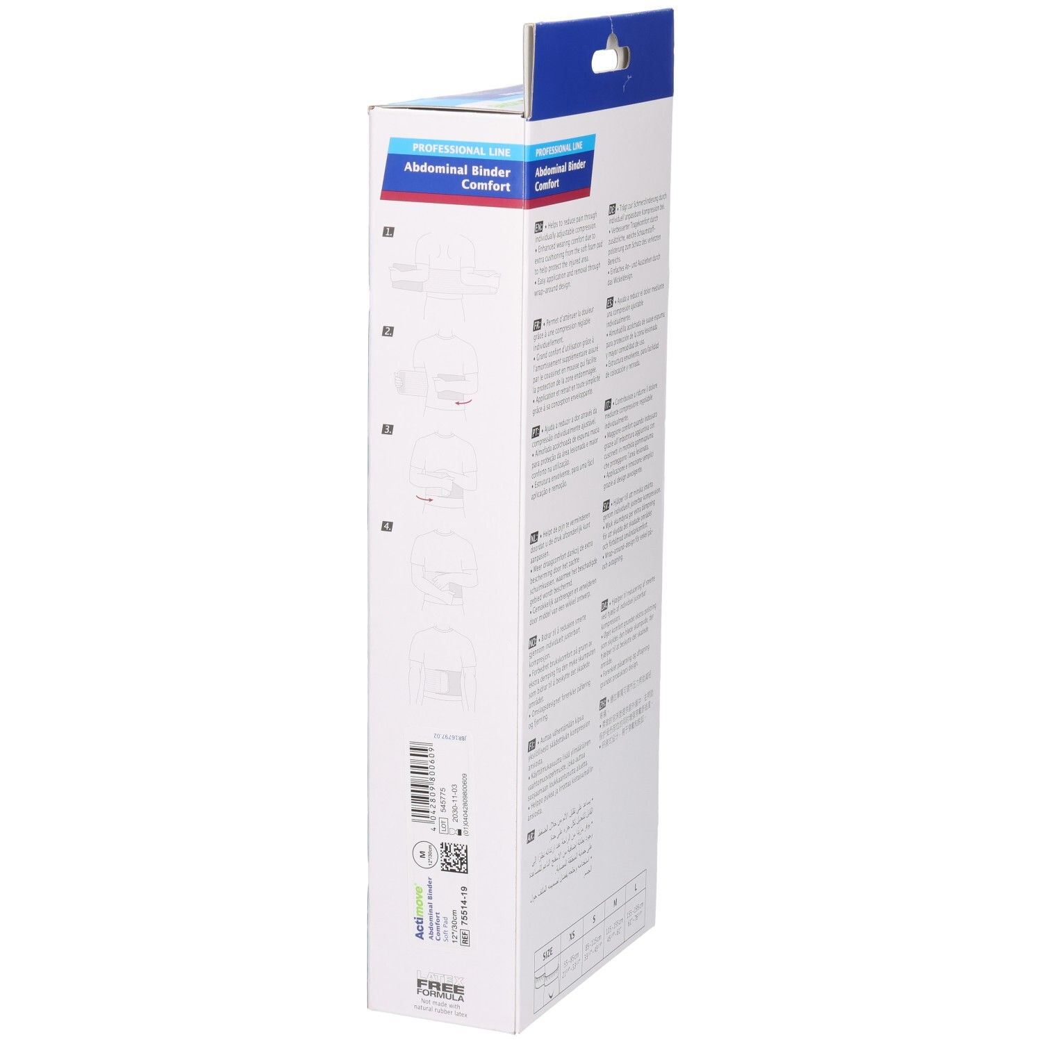 Verpakking Actimove Abdominal Binder Comfort. Zijkant met productinformatie. Wit en blauw.