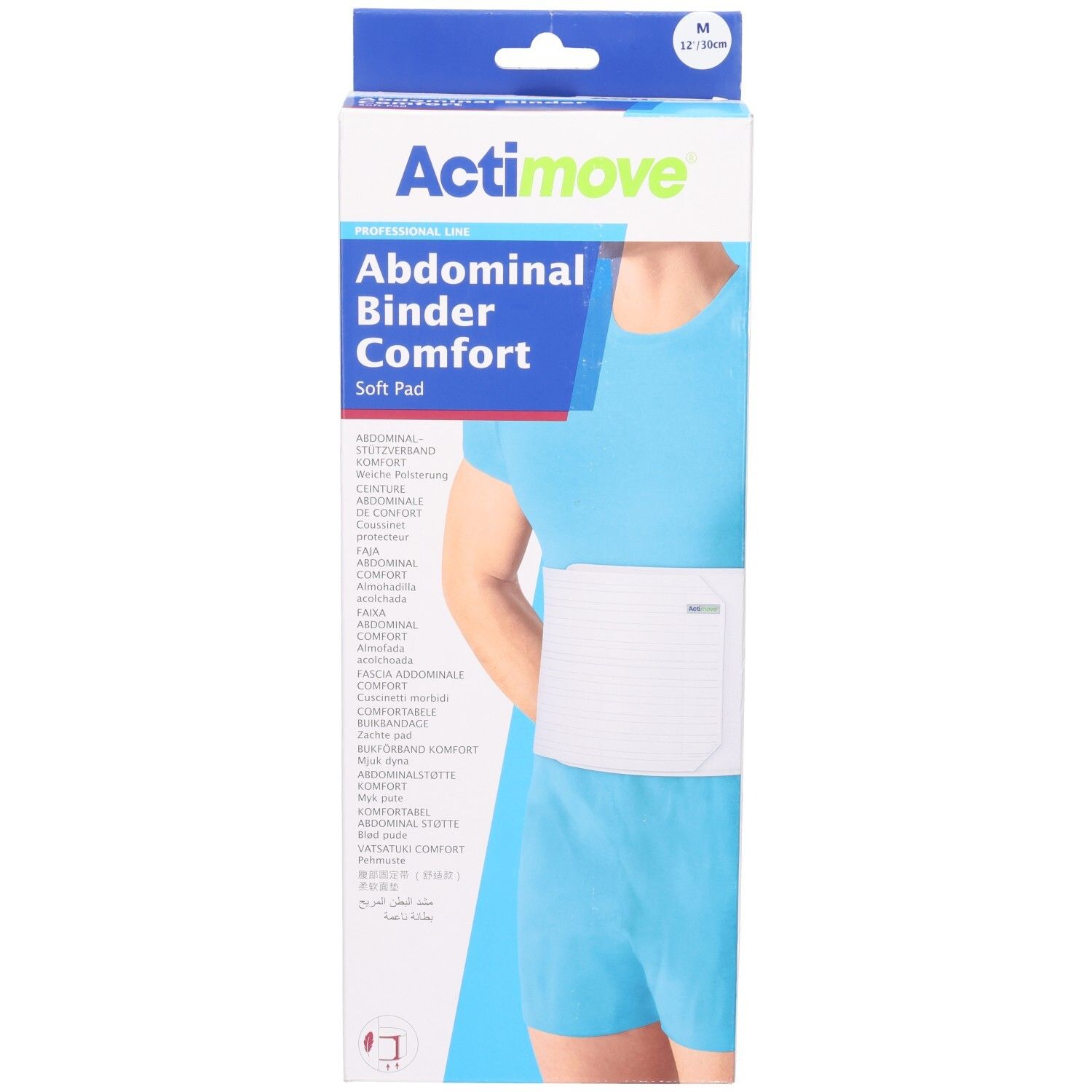 Verpakking Actimove Abdominal Binder Comfort. Product op lichaam. Maat M. Witte buikband. Blauwe en witte verpakking.