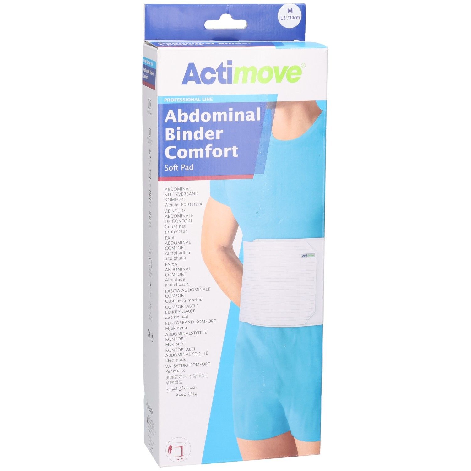 Verpakking Actimove Abdominal Binder Comfort. Product op lichaam. Maat M. Witte buikband. Blauwe en witte verpakking.