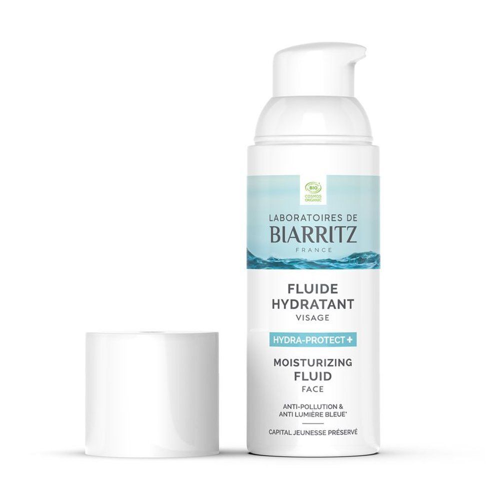 Witte dispenser met blauw-witte tekst. Tekst: Laboratoires de Biarritz, Fluide Hydratant Visage, Hydra-Protect+.