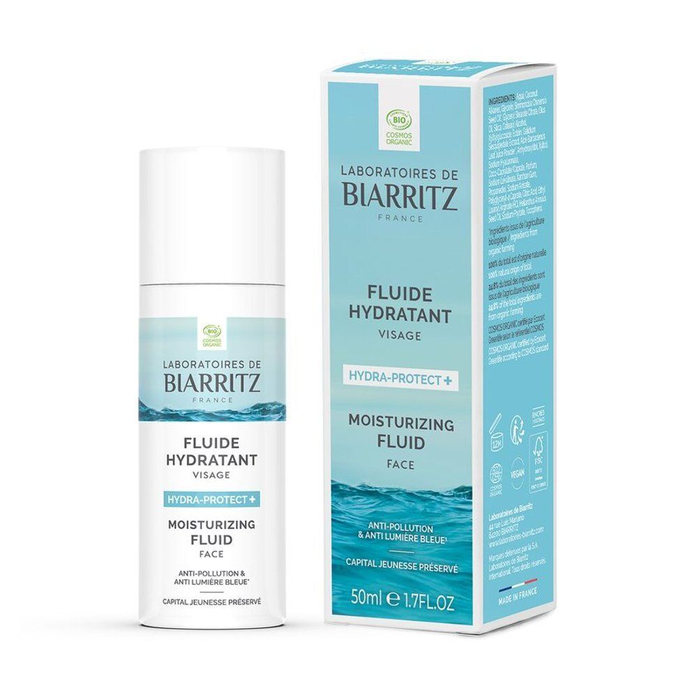 Witte dispenser en doos met blauw-witte tekst. Tekst: Laboratoires de Biarritz, Fluide Hydratant Visage, Hydra-Protect+.