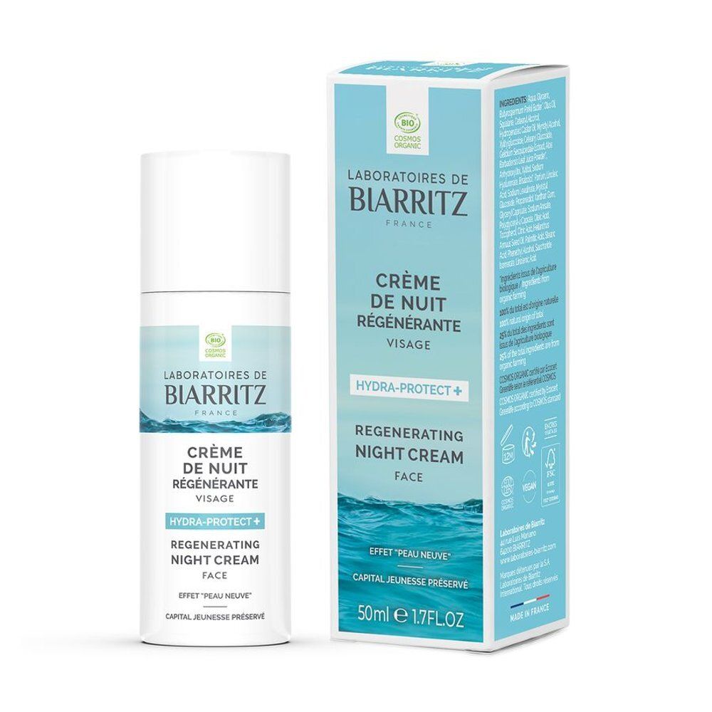 Crèmefles en doos. Opschrift: Crème de Nuit Régénérante Visage. Merk: Laboratoires de Biarritz. 50ml.