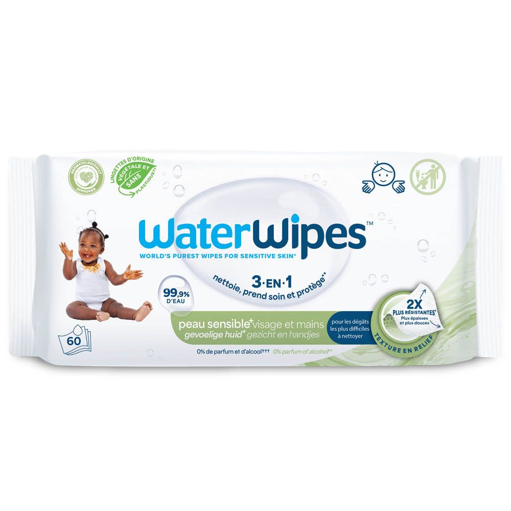 WaterWipes verpakking met baby-illustratie. Tekst: 3-IN-1, 99,9% water, gevoelige huid, 60 doekjes, 2X meer hydratatie.