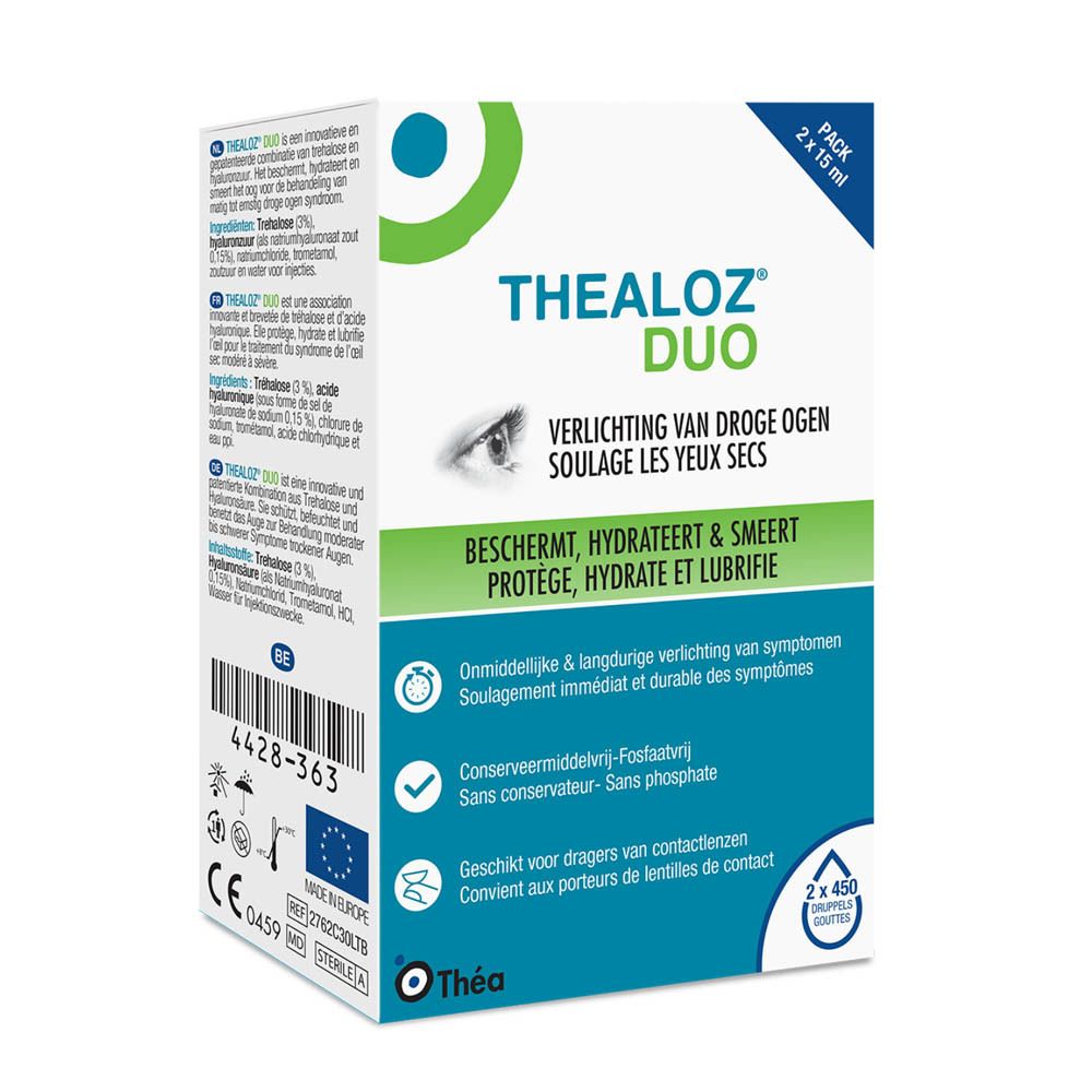 Thealoz Duo verpakking, voorkant. Meertalige tekst. Bevat 2x15 ml. CE-markering.