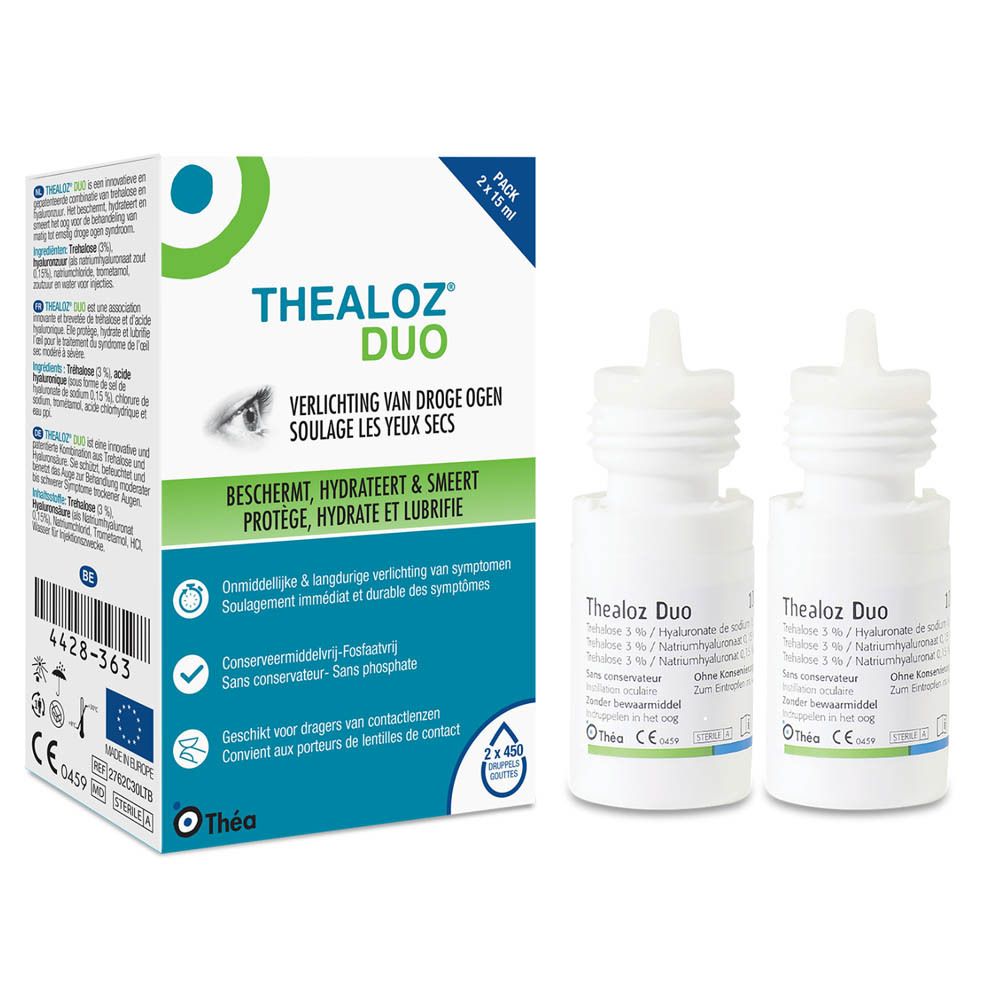 Thealoz Duo verpakking met twee flesjes. Witte flesjes met witte dopjes. 2x15 ml.