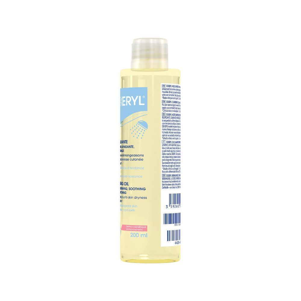Achterkant van de Dexeryl Huile Lavante fles. Productinformatie en ingrediënten.