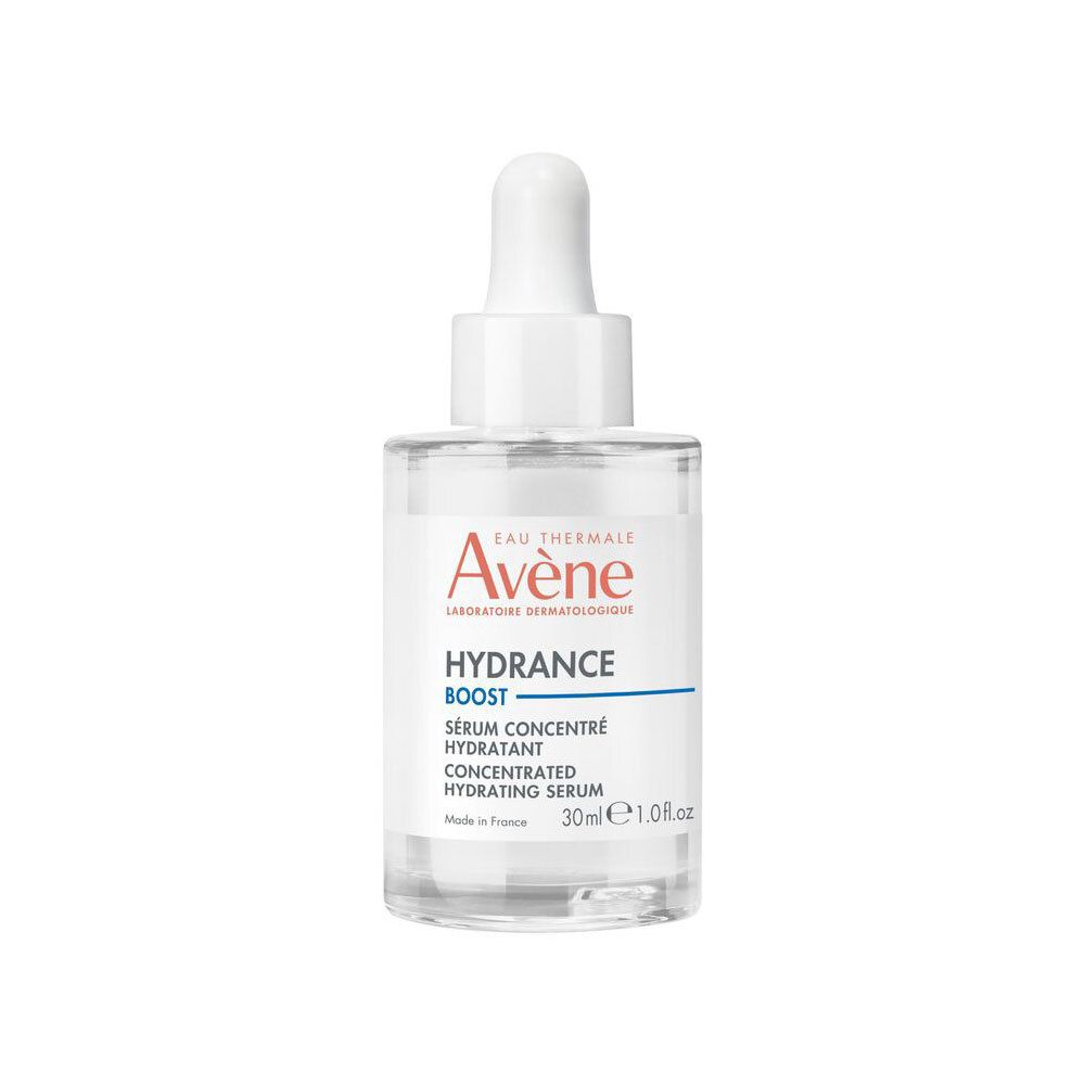 Transparante glazen fles met witte dop en pipet. Opschrift: Eau Thermale Avène, Hydrance Boost, Sérum Concentré Hydratant, 30ml.