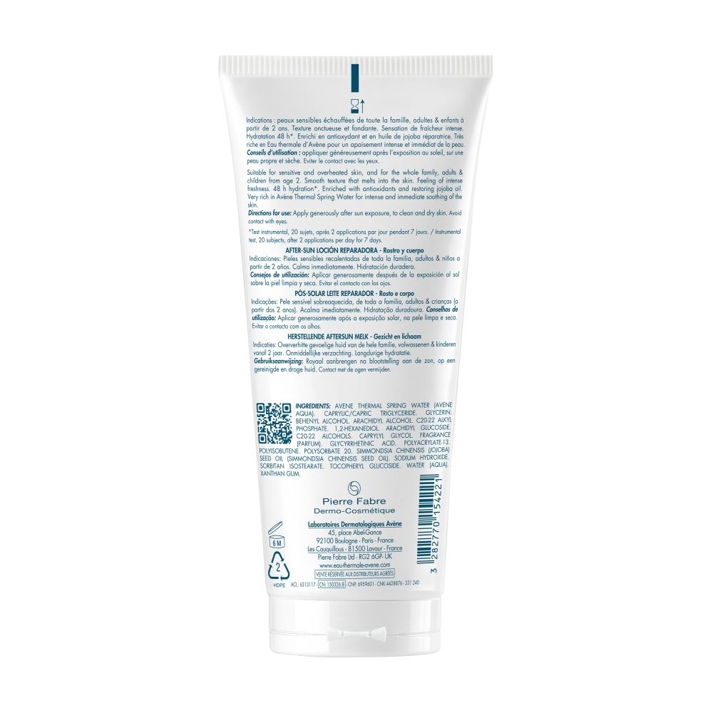 Dos du tube blanc Avène Après-Soleil. Texte multilingue. Ingrédients.