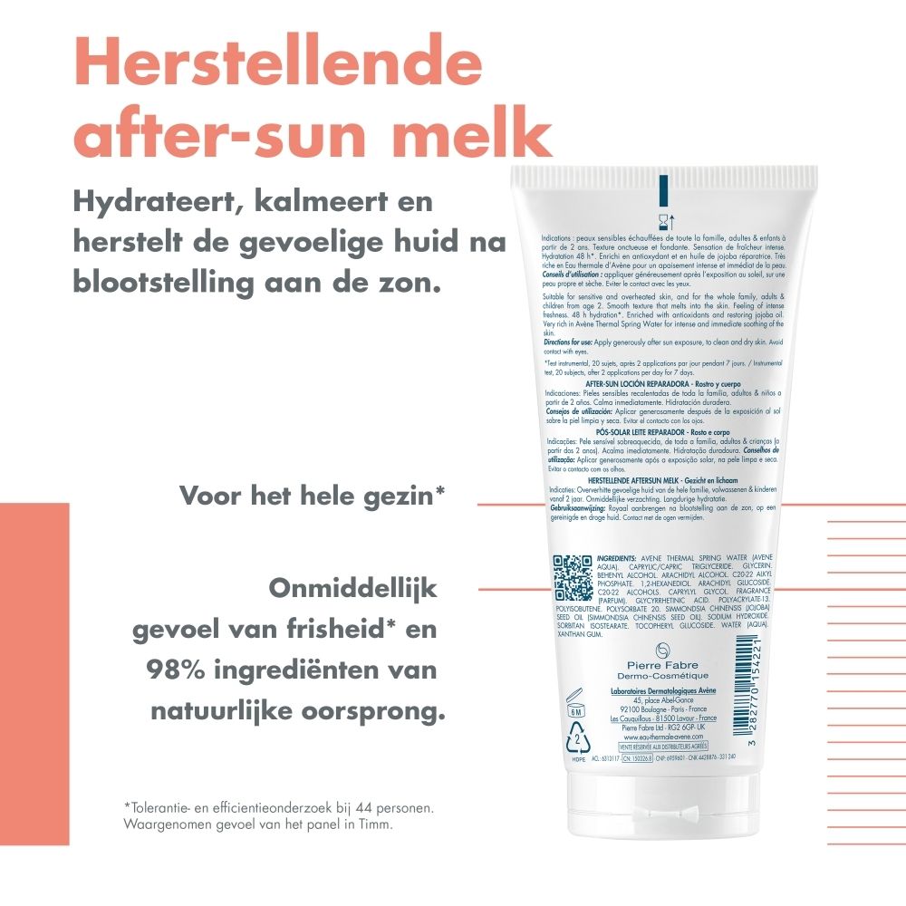 Achterkant witte tube Avène Après-Soleil. Tekst in het Nederlands. Ingrediënten.
