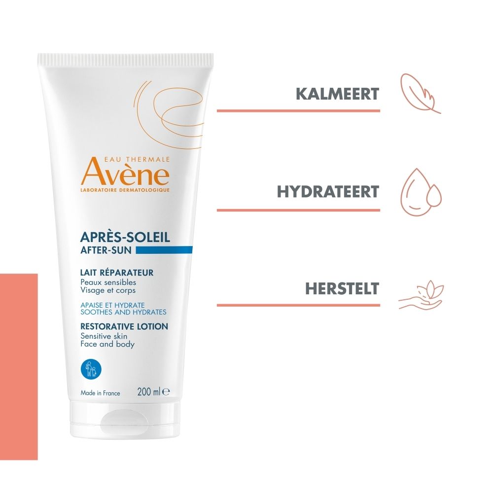 Afbeelding met de woorden: Kalmeert, Hydrateert, Herstelt. Illustraties van bladeren, druppels, bladeren.