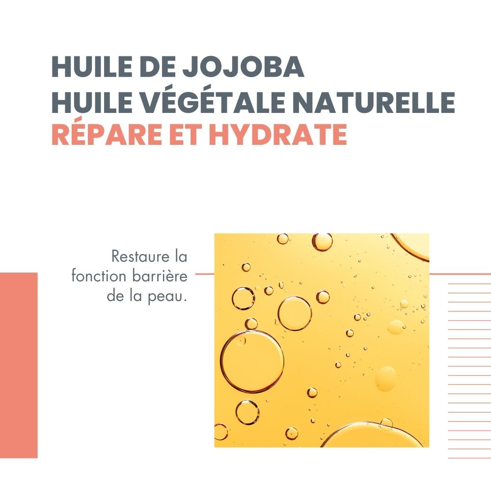 Graphique avec des gouttelettes d'huile. Texte: Huile de Jojoba, Huile végétale naturelle. Répare et hydrate.
