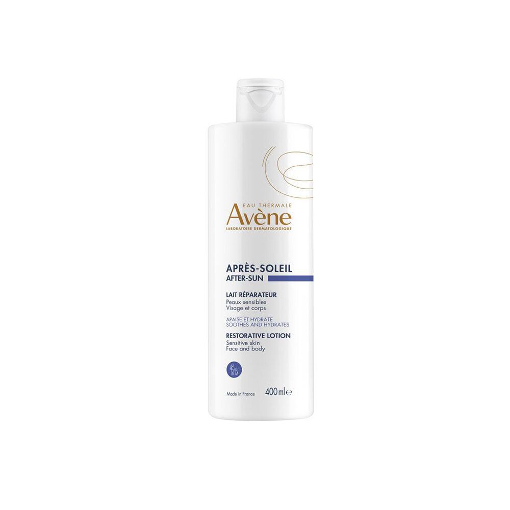 Flacon blanc Avene Après-Soleil. Texte: Après-Soleil, Lait Réparateur, Peaux sensibles, Visage et corps. 400ml.