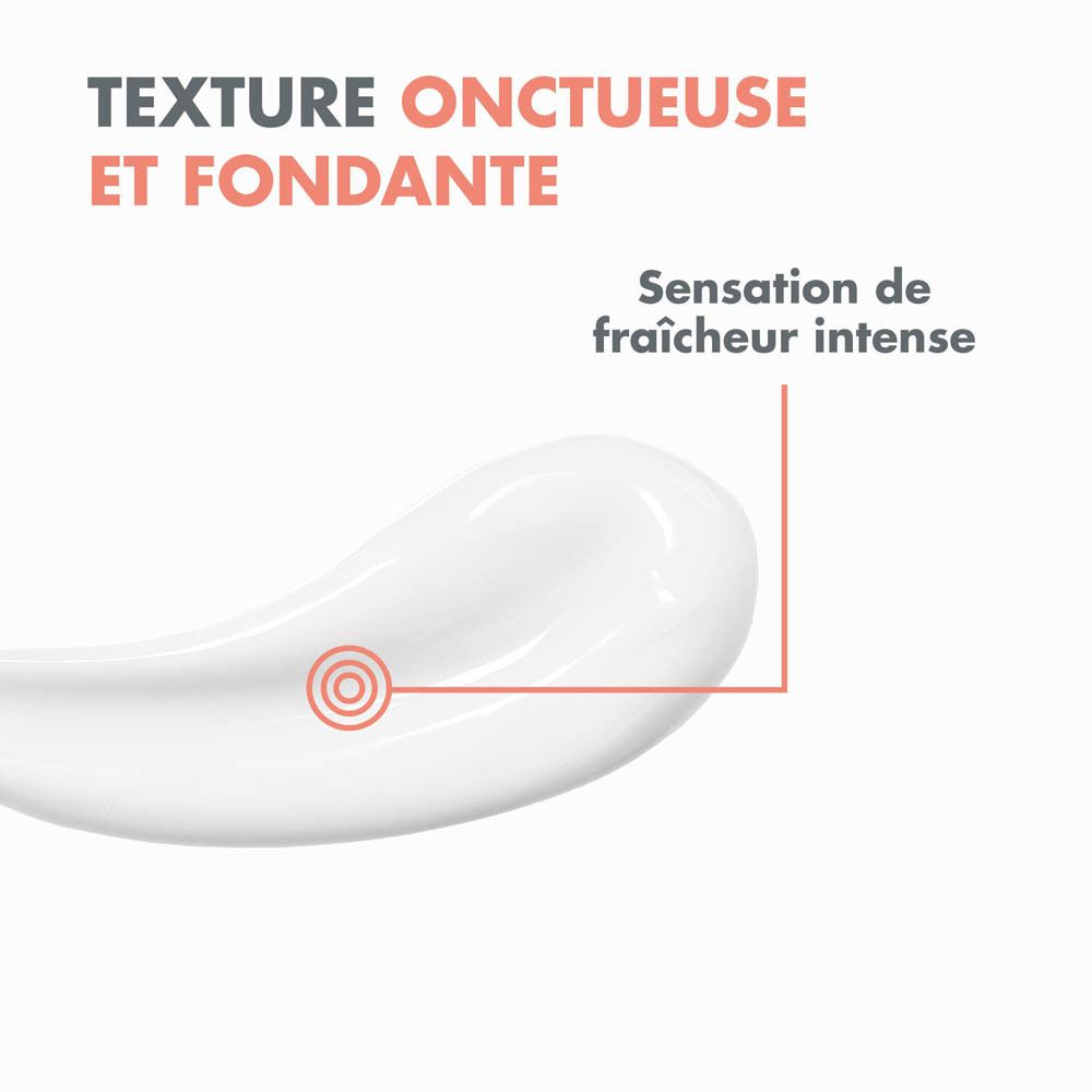 Dos du flacon blanc Avene Après-Soleil. Textes, logos et ingrédients.