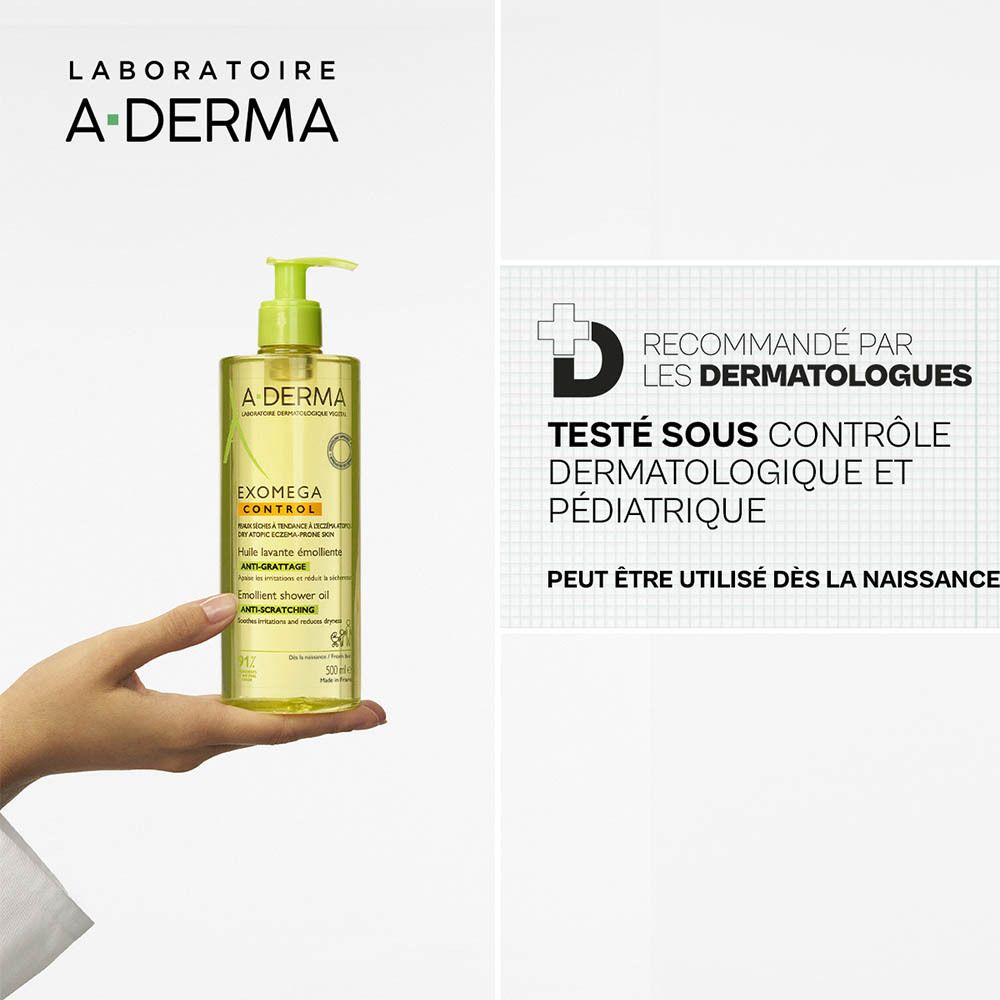 Flacon A-DERMA. Texte : Recommandé par les dermatologues. Testé sous contrôle dermatologique et pédiatrique.