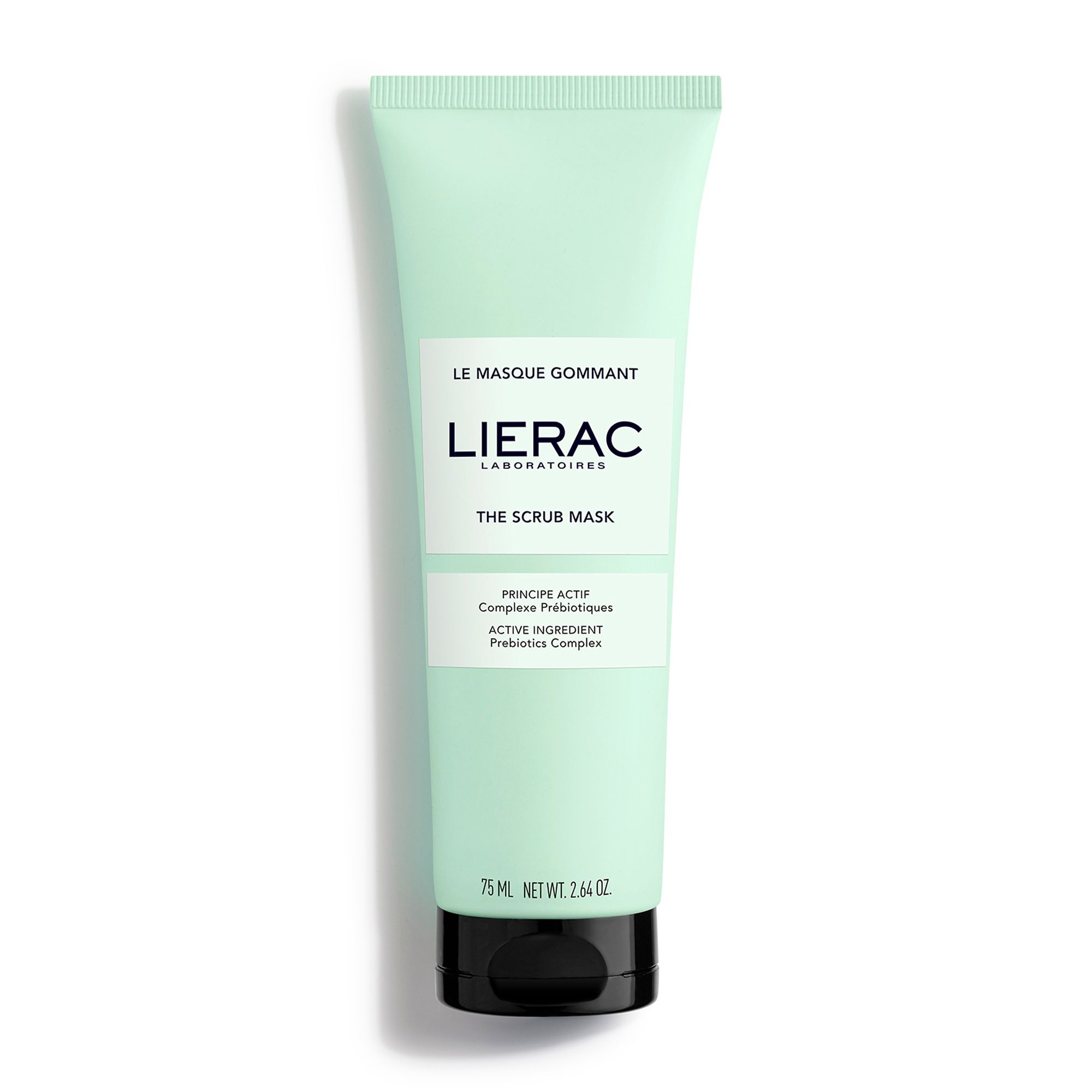 Tube vert clair avec bouchon noir. Inscription: LIERAC, THE SCRUB MASK. Contient 75 ml.