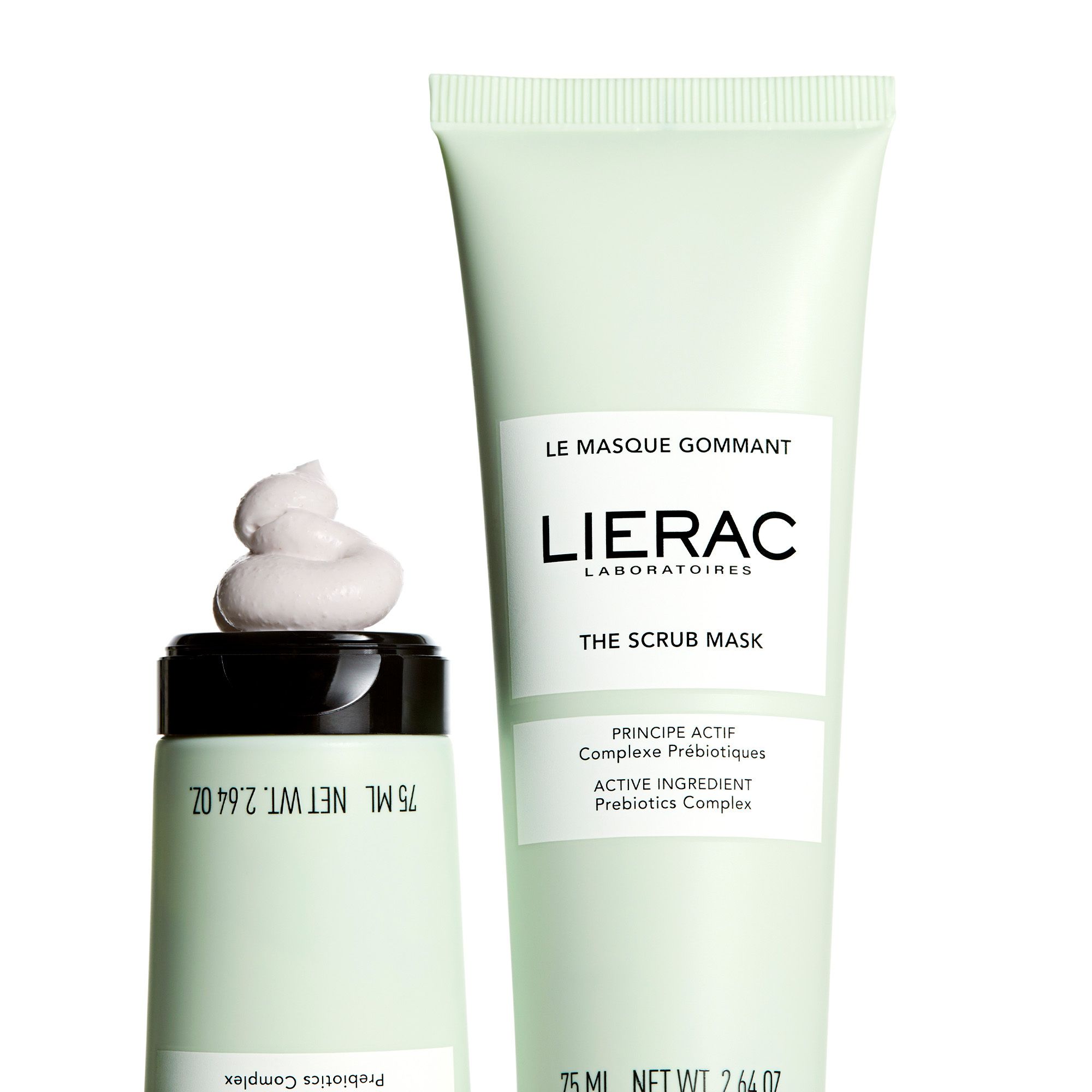 Lichtgroene tube en masker. Opschrift: LIERAC, THE SCRUB MASK. 75 ml.